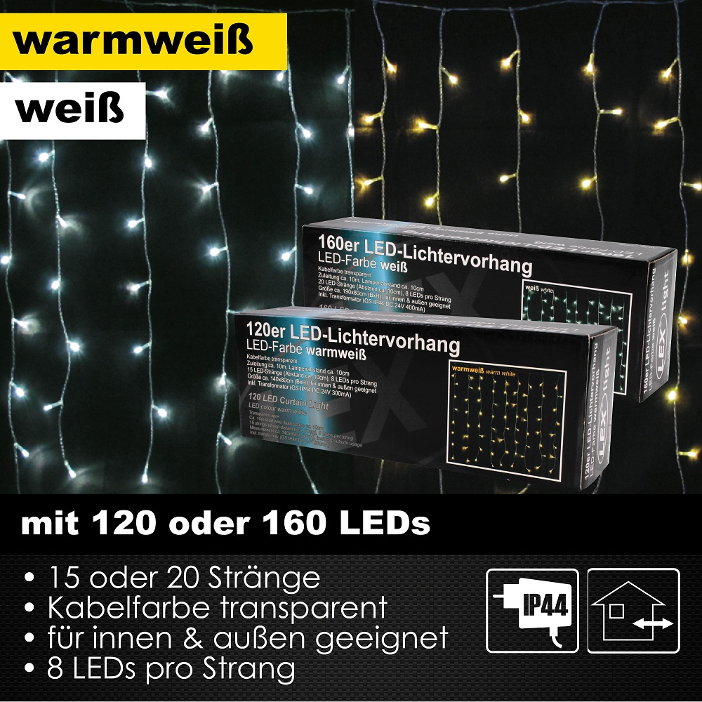 120/160er LED Lichtervorhang Lichterkette Außen Innen Weihnachtslicht 2 Farben