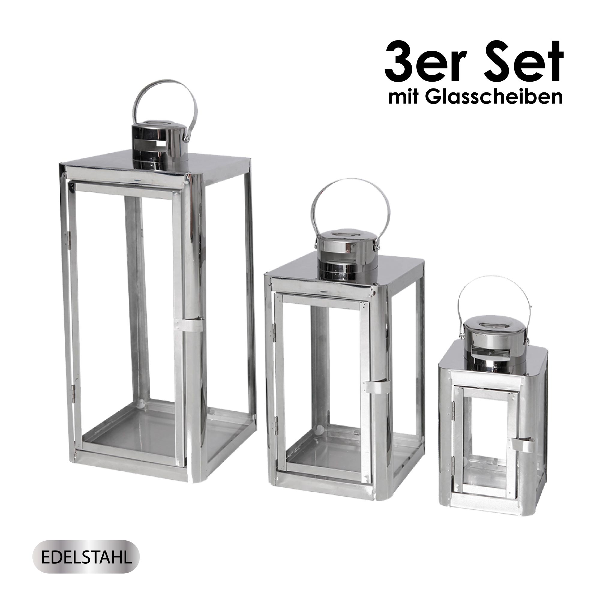 3er Set Edelstahl Laterne Gartenlaterne Windlicht Kerzenhalter Glasscheibe Deko edelstahl
