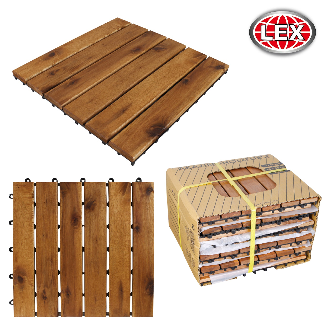 33x Holzfliesen Akazienfliesen 3 m² Terrasse Balkon Klickfliesen Akazie 30x30 cm