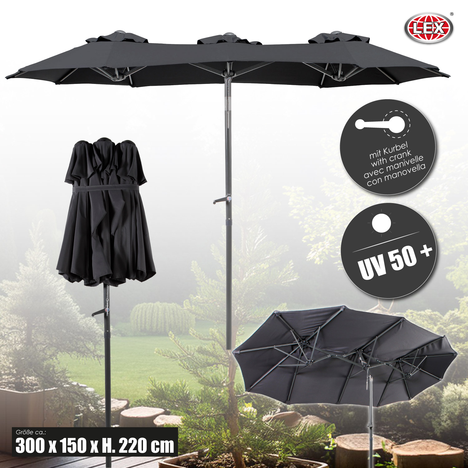 Doppelschirm Sonnenschirm Kurbelschirm 3 x 1,5 m knickbar Garten Oval anthrazit