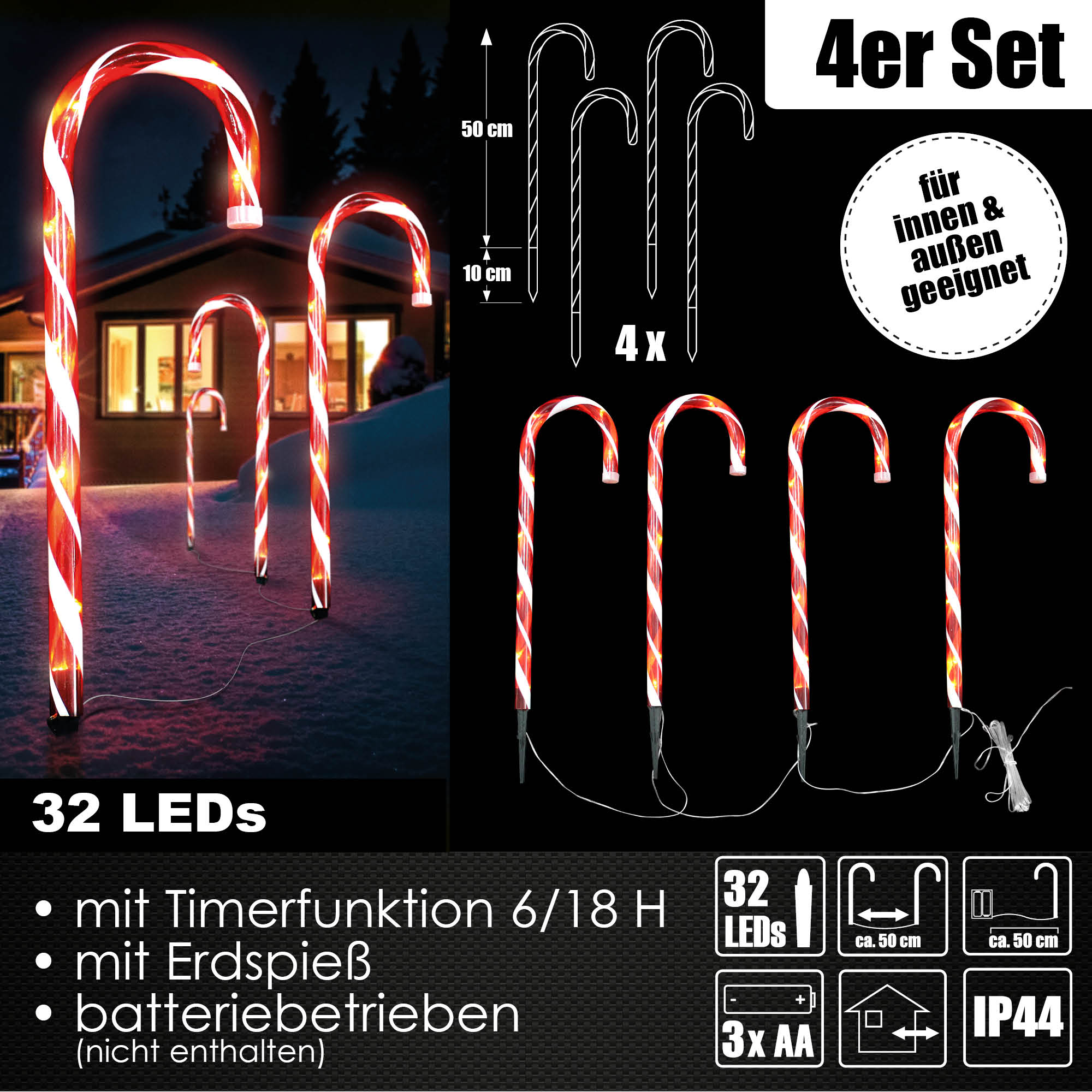 4x LED Zuckerstangen 50cm Batterie Timerfunktion Lichterkette Weihnachtsdeko