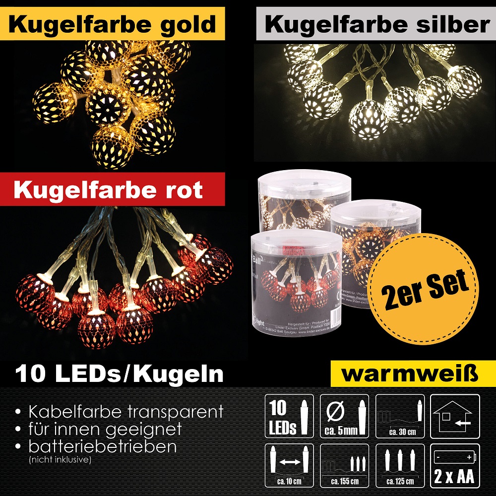 2x 10er LED Kugel Lichterkette Set Batteriekette Beleuchtung Deko Farbwahl