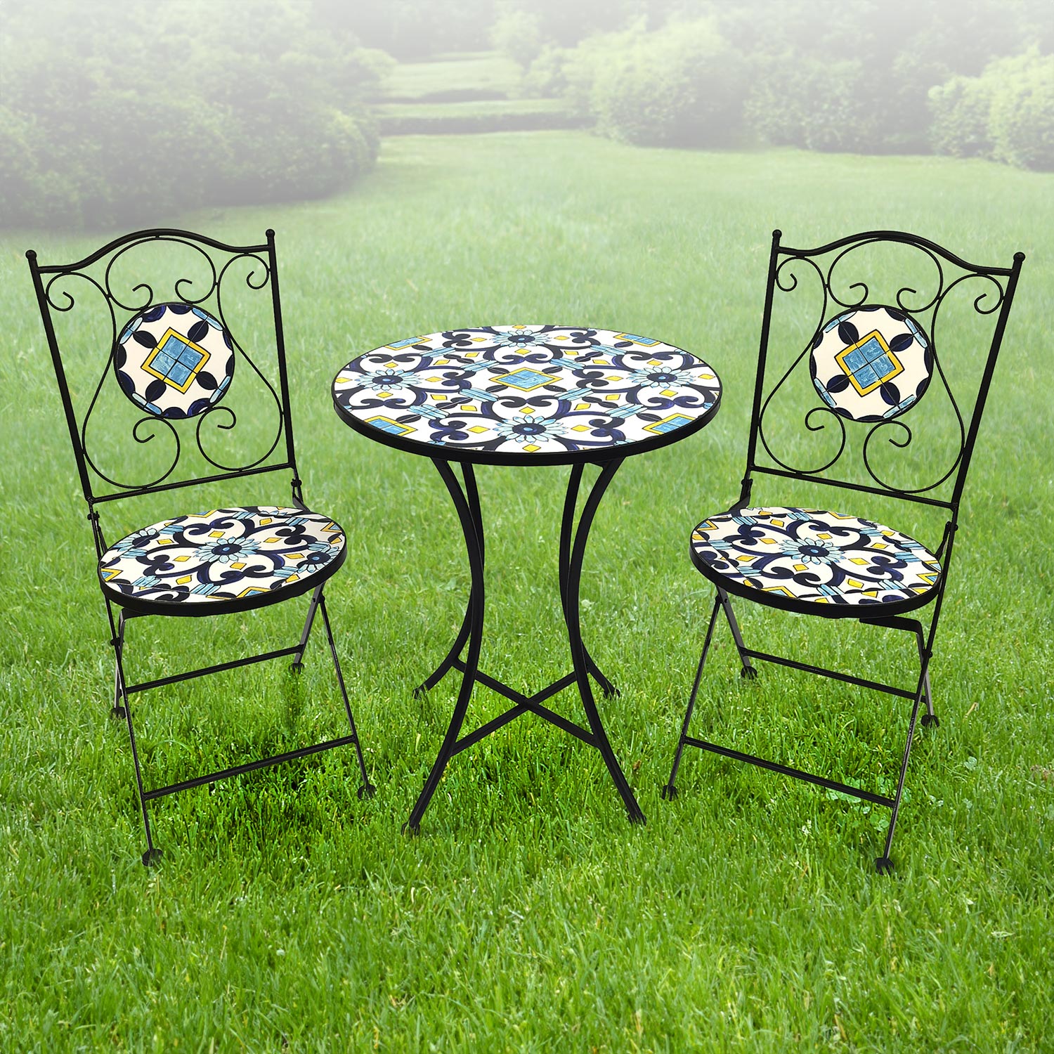 Mosaik Gartenset Gartenstühle Mosaiktisch wählbar Rustikal Rund klappbar