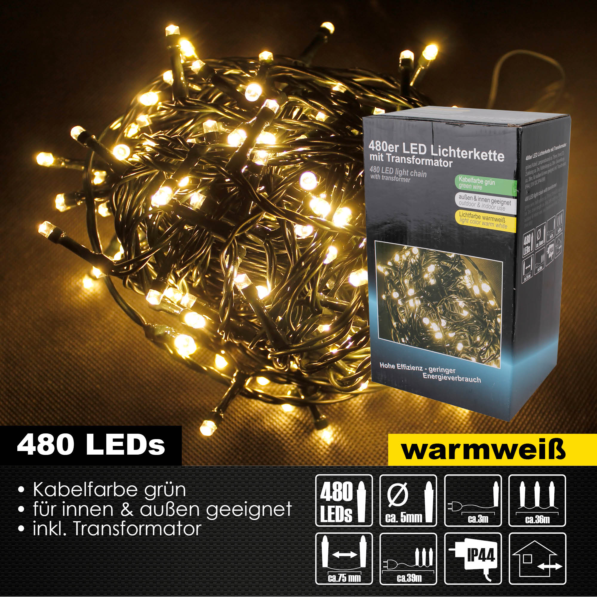 480er LED Lichterkette für Außen Innen Deko IP44 Weihnachtslichterkette warmweiß