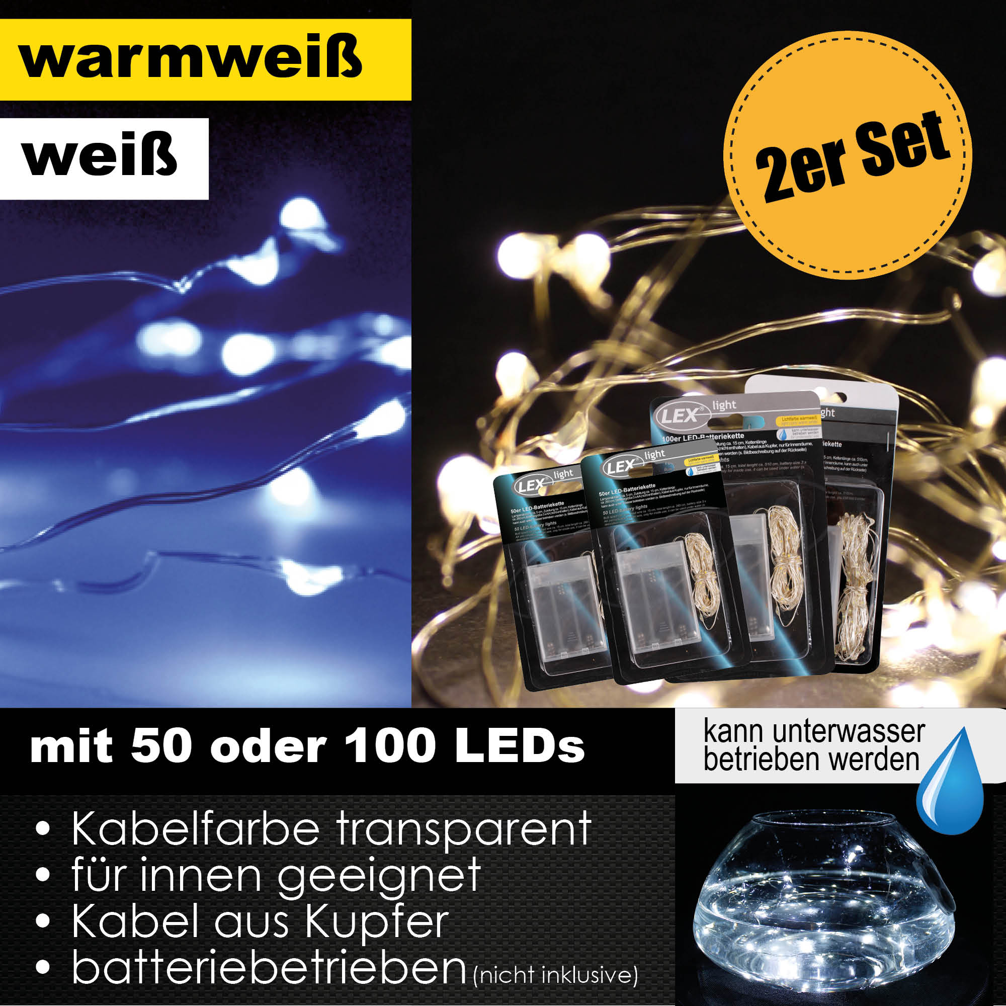 50/100er LED Lichterkette Set Batteriekette Kupferkabel Wasser Beleuchtung Deko