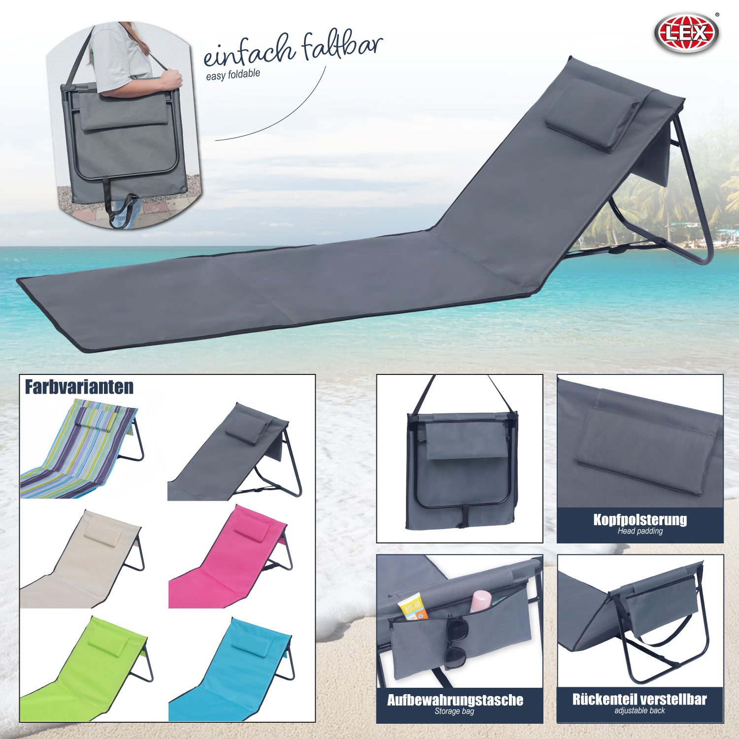 Strandliege Strandmatte Sonnenmatte Badematte Liege faltbar mit Tasche