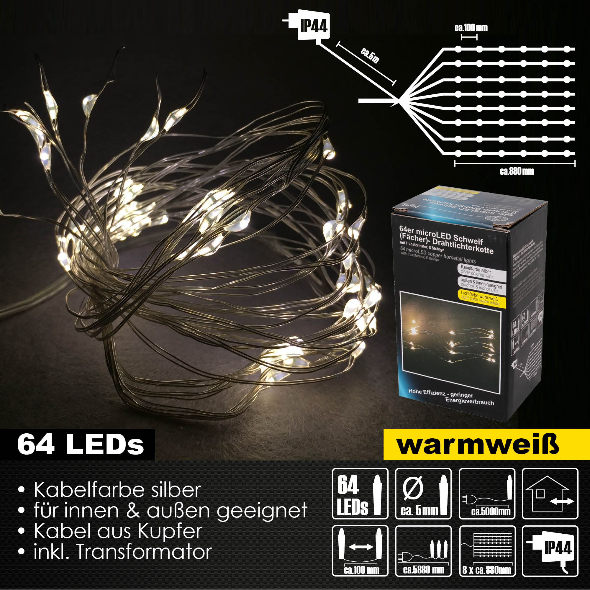 64er Micro LED Schweif Drahtlichterkette Außen & Innen Lichterkette IP44 Deko