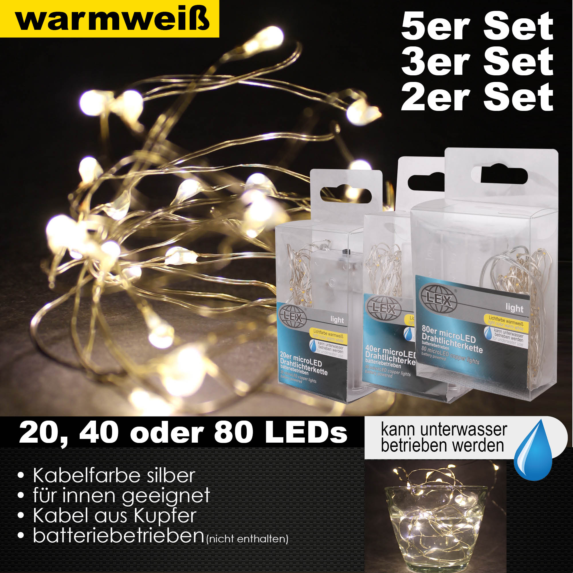 20/40/80er Micro LED Drahtlichterkette Set Batteriekette Lichterkette warmweiß