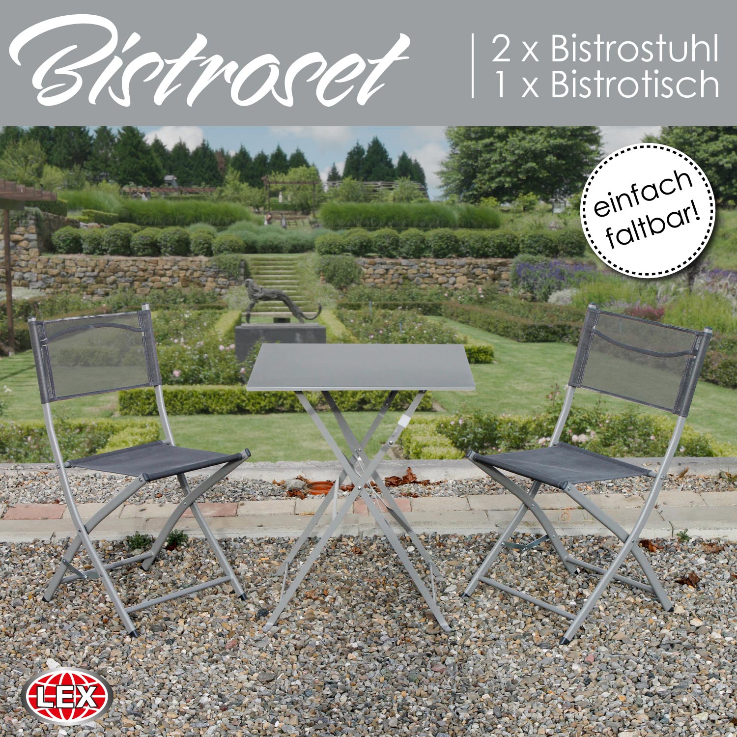 Bistro Set Sitzgruppe Gartenset Gartenmöbel Sitzgarnitur 3-teilig grau