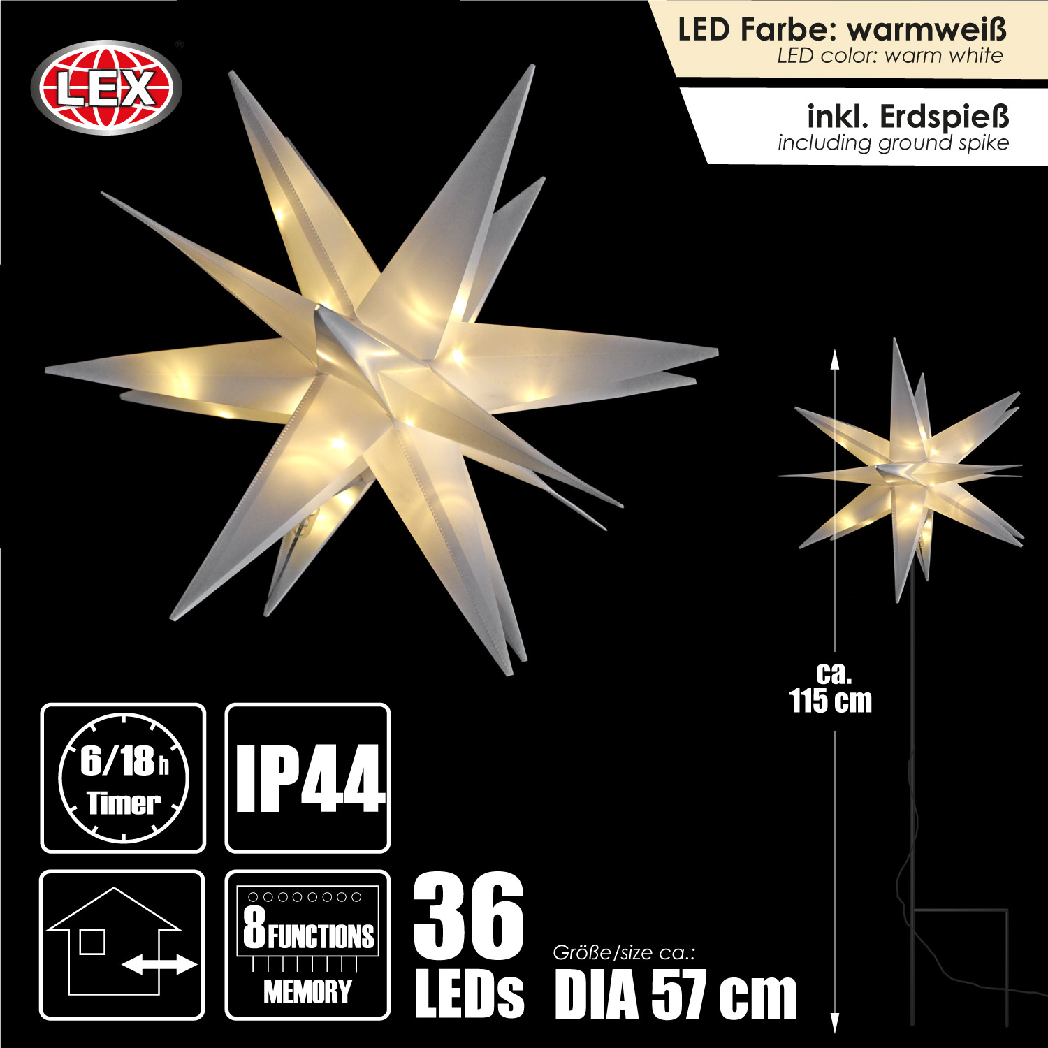 Leuchtstern Lichterstern Lichterkette 3D Timer 36 LEDs mit Erdspieß Weiß