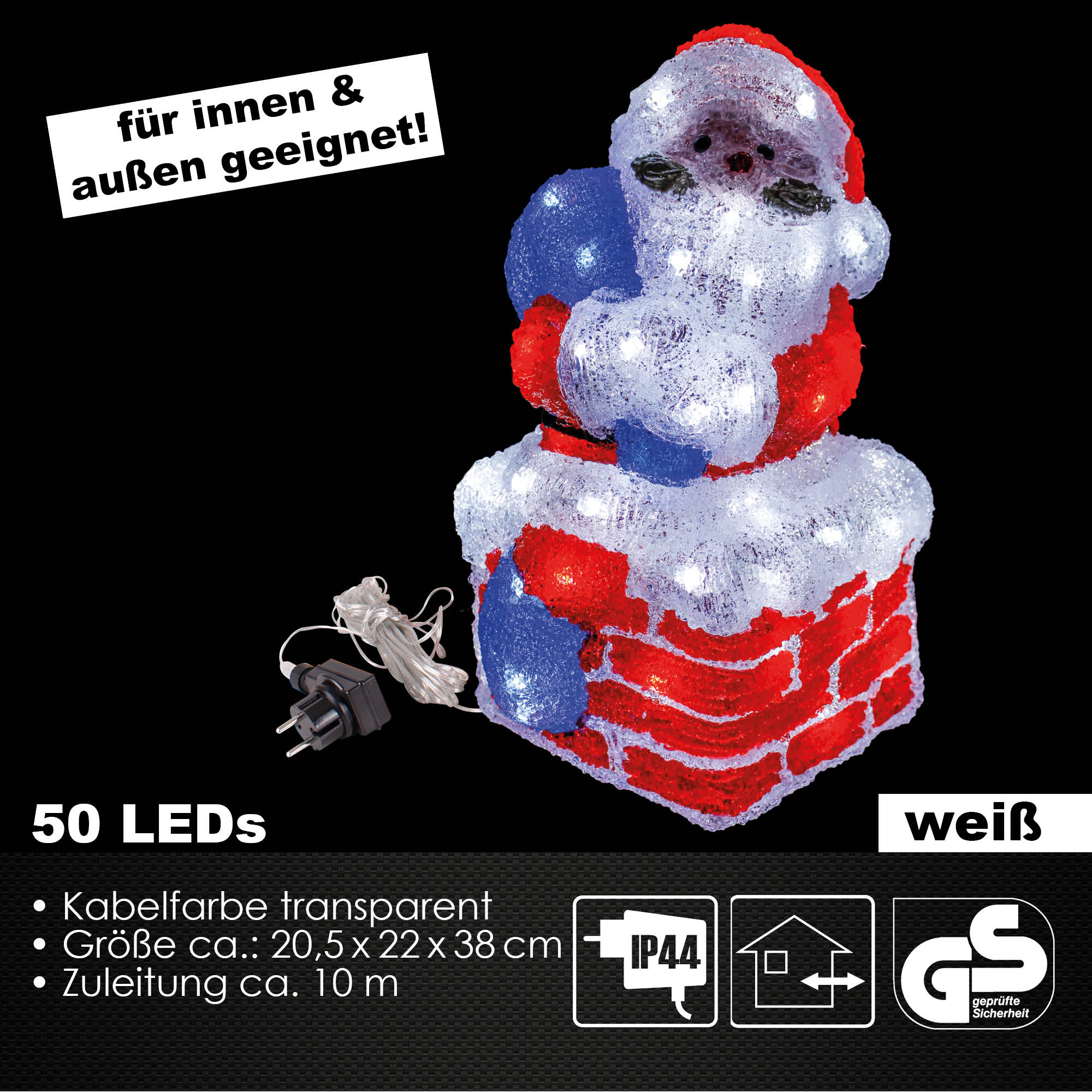 LED Weihnachtsfigur Acryl Weihnachtsmann 38cm Figur beleuchtet Weihnachtsdeko