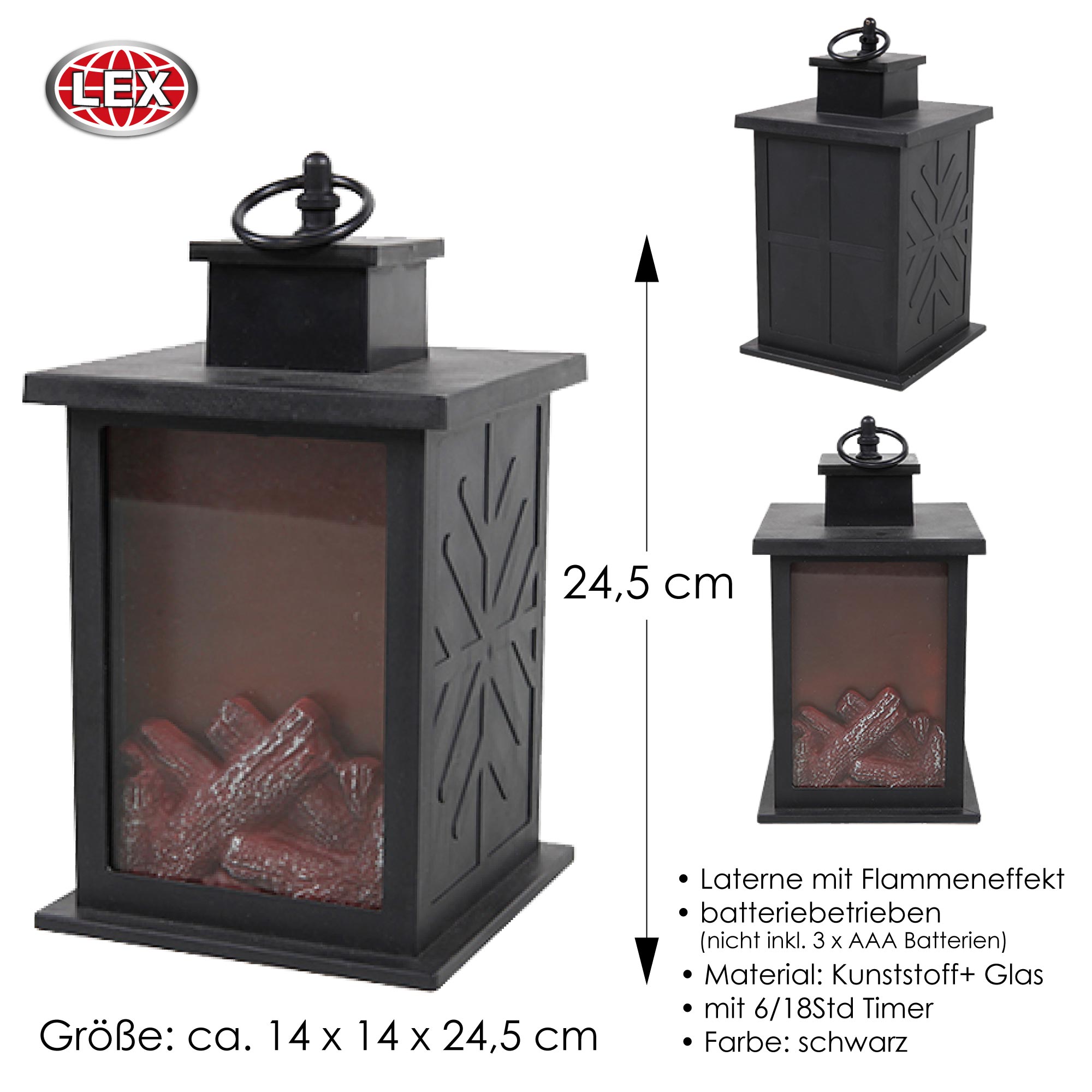 Laterne mit Flammeneffekt Batterie Timer Gartenlaterne Windlicht Feuer Glas Deko