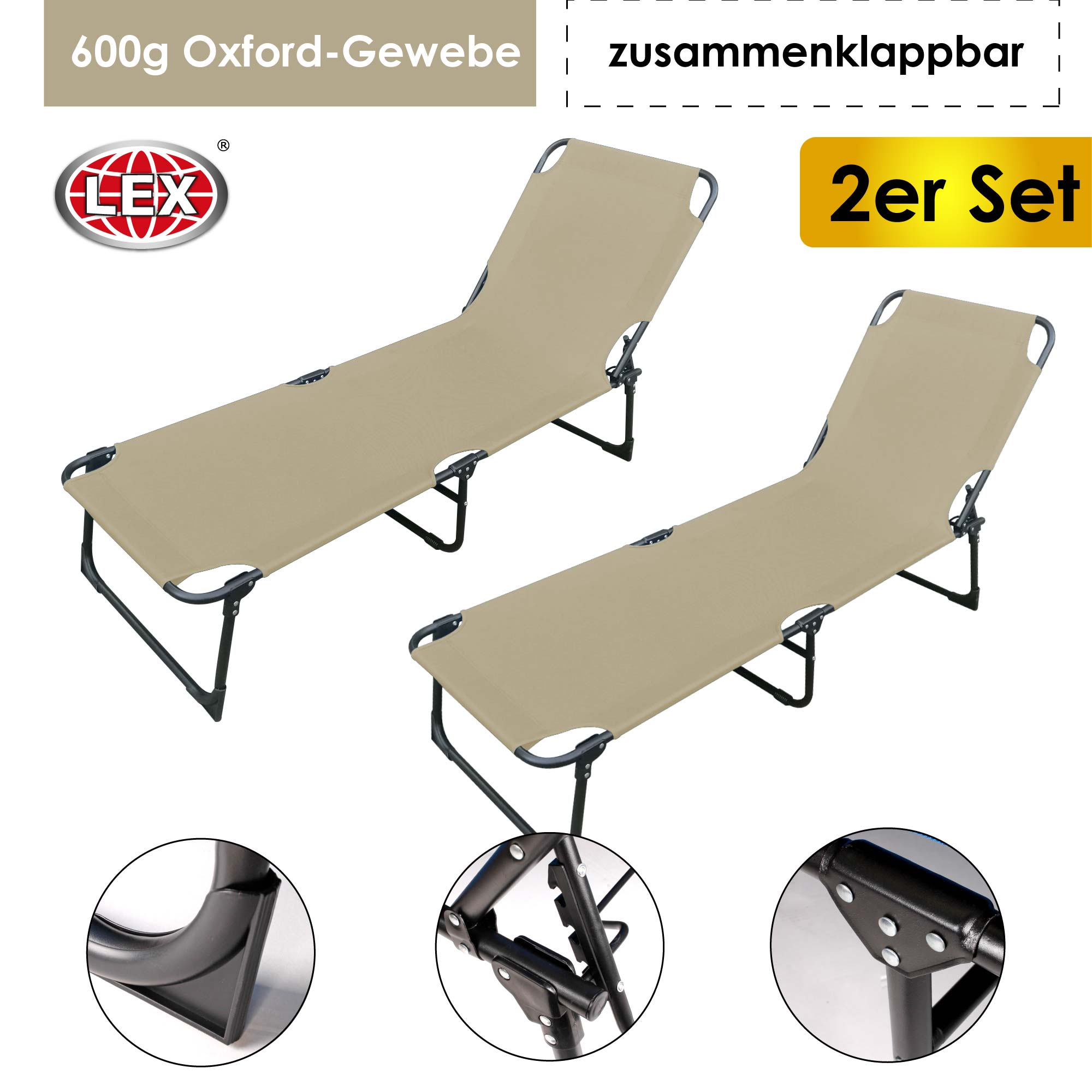 2er-Set Gartenliege 3-Bein Sonnenliege Strandliege Liegestuhl klappbar 188cm