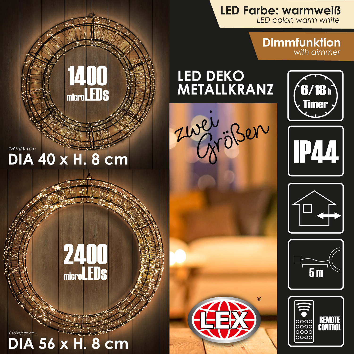 Kranz Weihnachtskranz Lichterkette warmweiss Deko Timer LED Anzahl wählbar