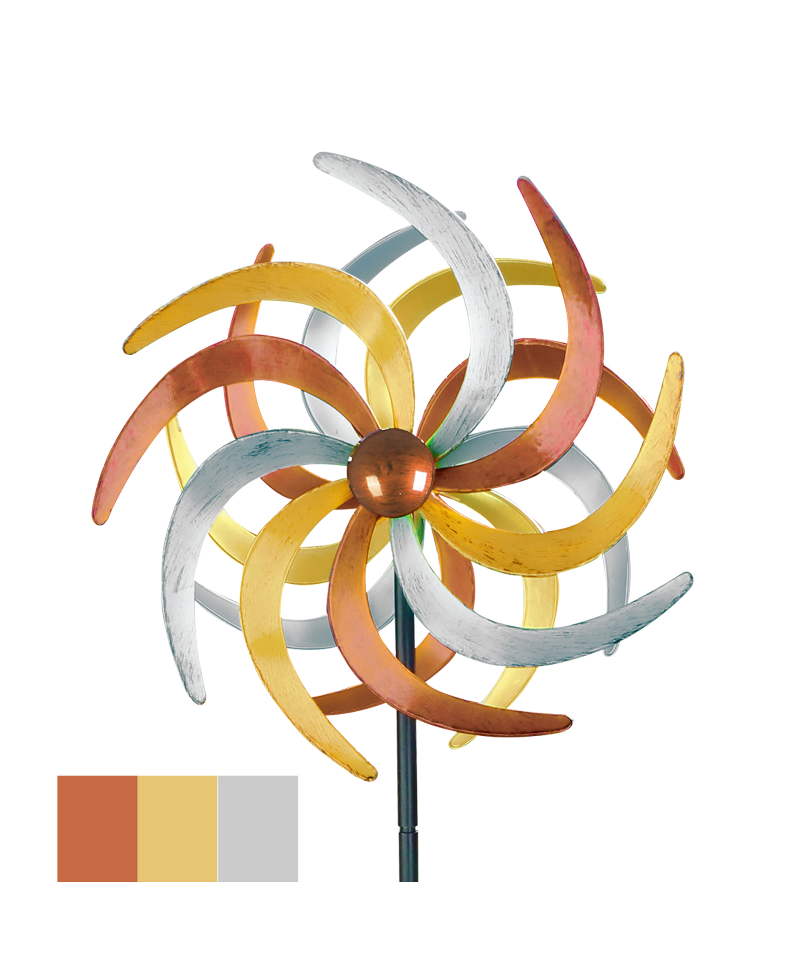 Metall Doppel Windrad 140x38cm Windspiel Gartendeko Balkon Terrasse kupfer gold silber