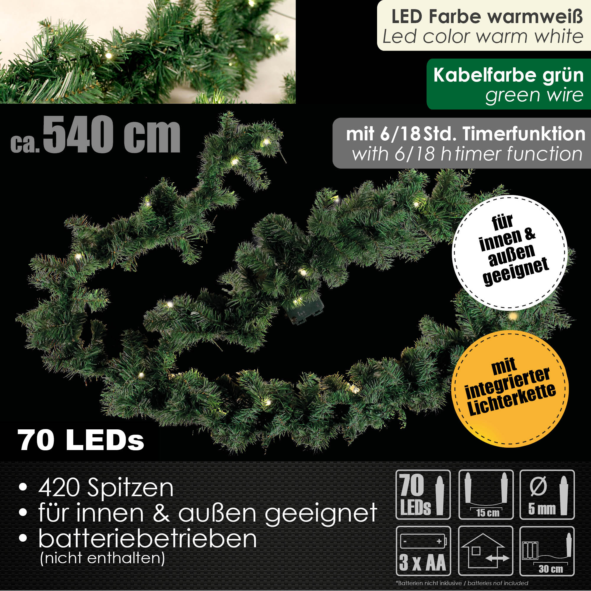 5,4m Weihnachtsgirlande für Außen & Innen 70 LED Batterie Lichterkette Deko