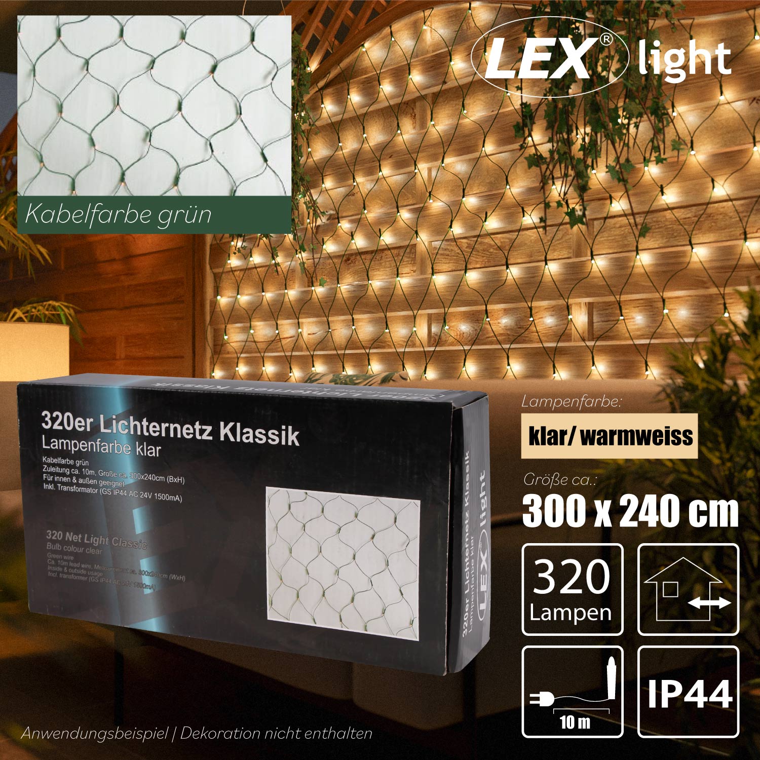 Lichternetz Lichterkette Lichtervorhang 320 Lichter außen/innen warmweiß Netz