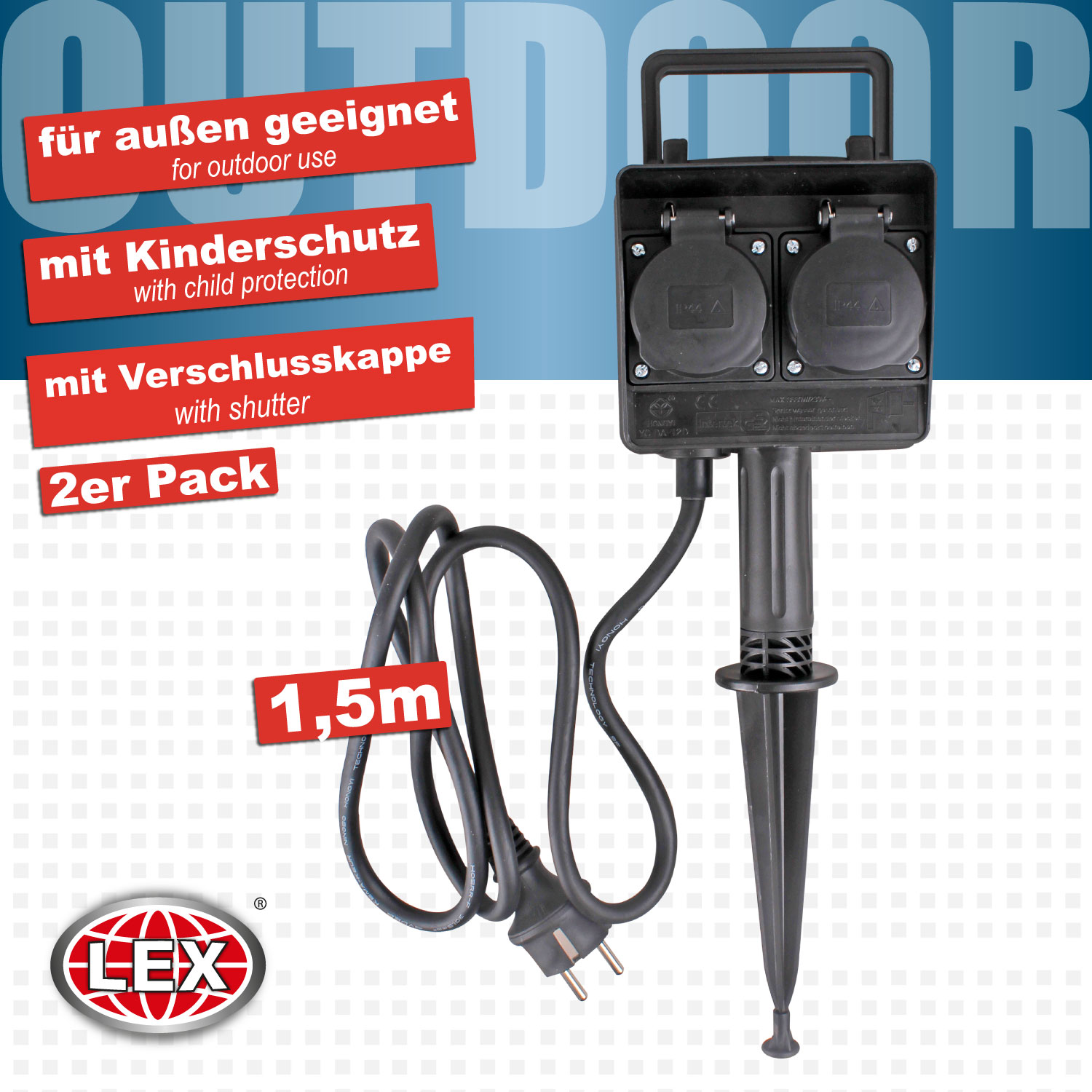 2er-Set Gartensteckdose Erdspieß IP44 Outdoor Steckdosenleiste Verteiler Außen
