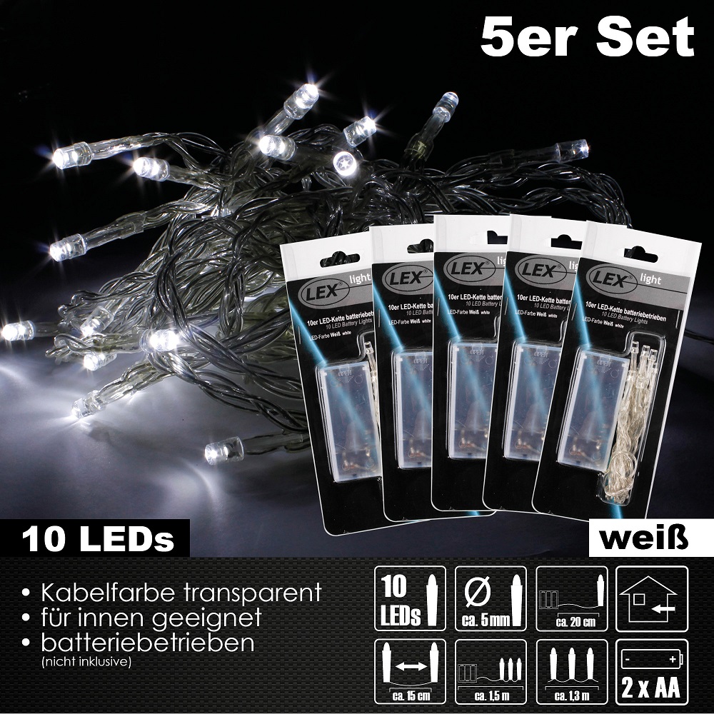 5x 10er LED Lichterkette Set Batteriekette Weihnachten Beleuchtung Deko weiß