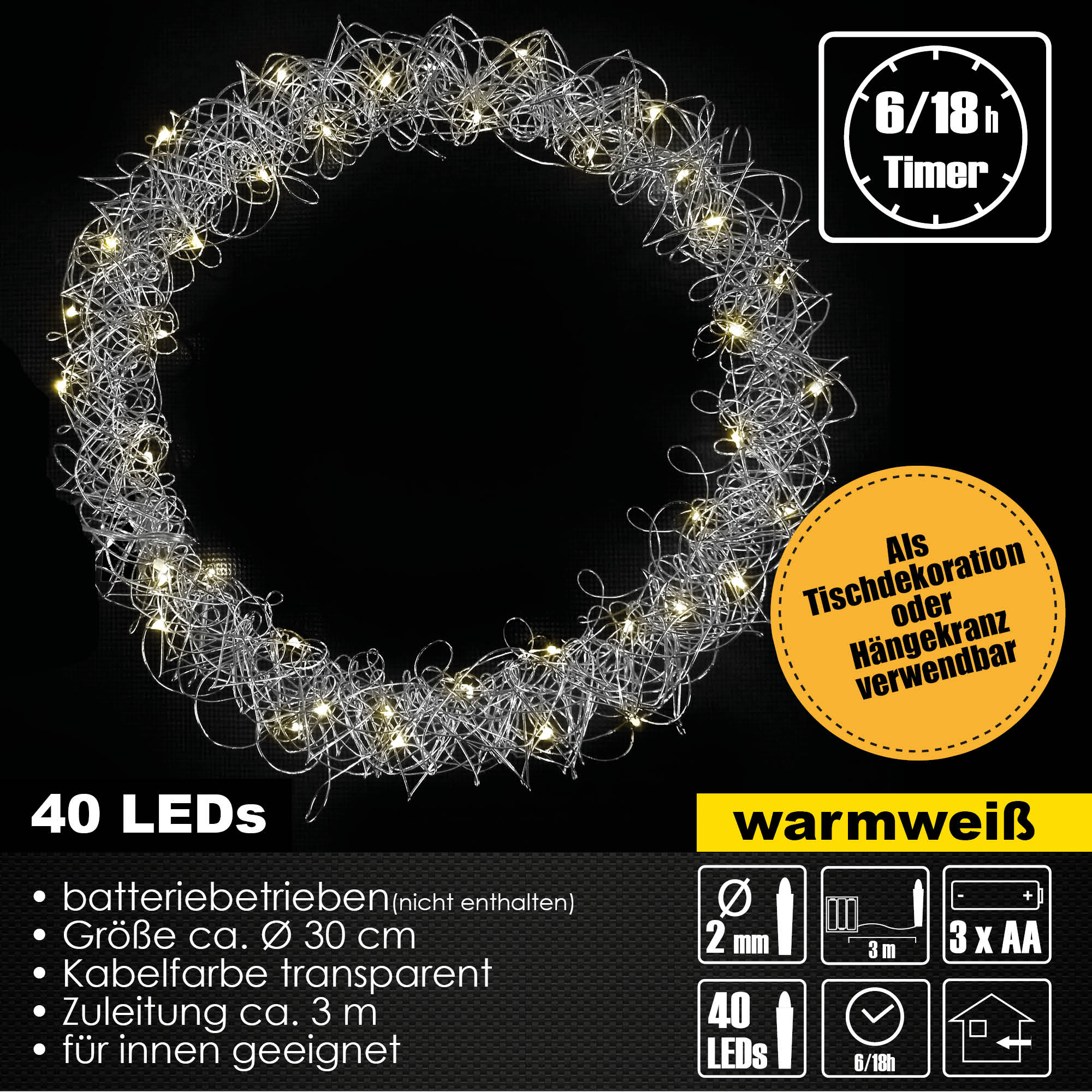 LED Metallkranz Ø 30 cm feinmaschig Weihnachtskranz Lichterkette Batterie Deko Warmweiß
