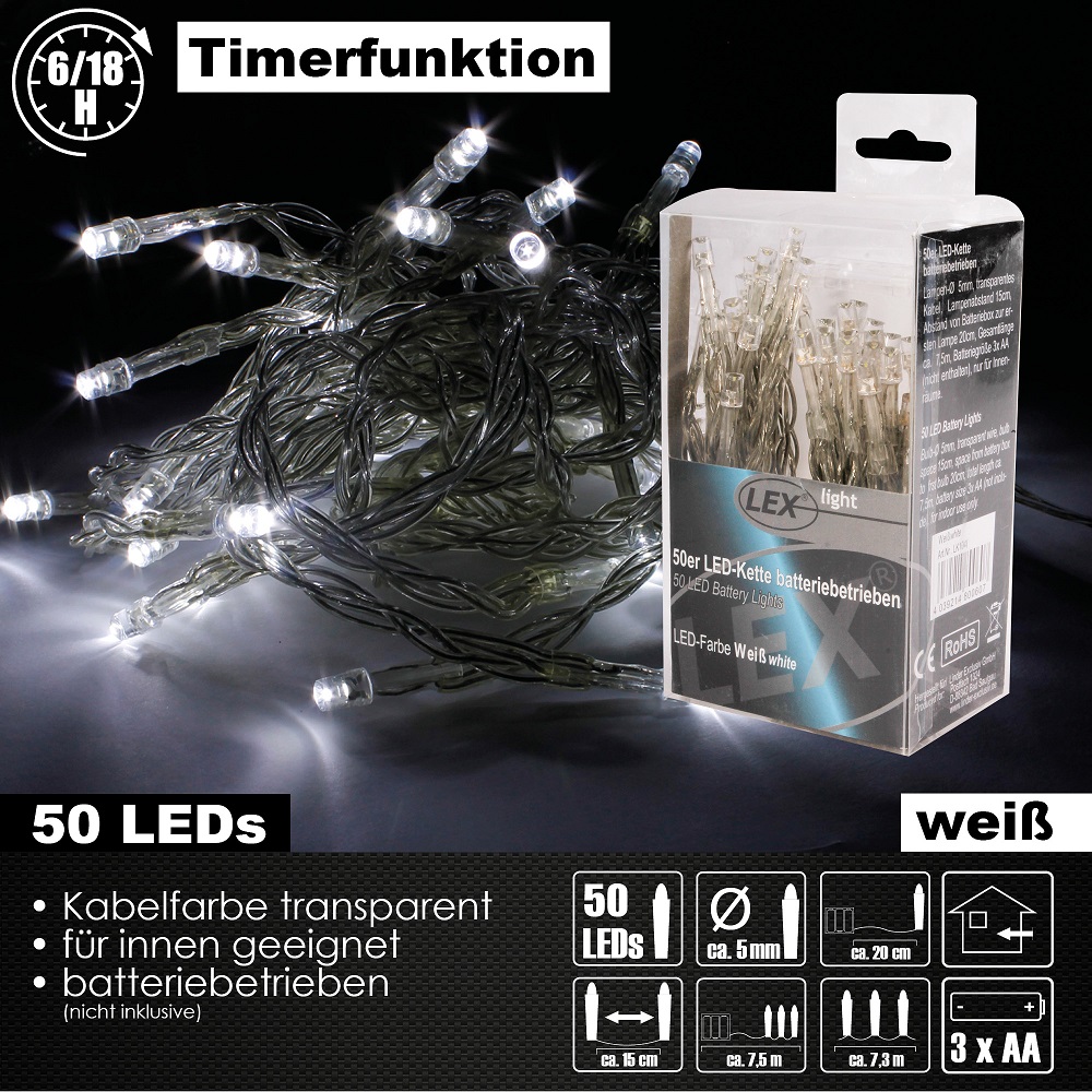 50er LED Lichterkette Set Batteriekette Weihnachten Beleuchtung Deko weiß