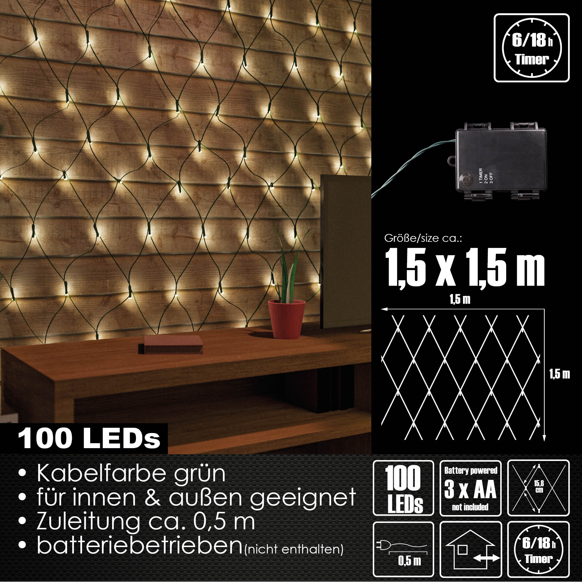100er LED Lichternetz Lichtervorhang Batterie warmweiß Innen Außen Netz Deko