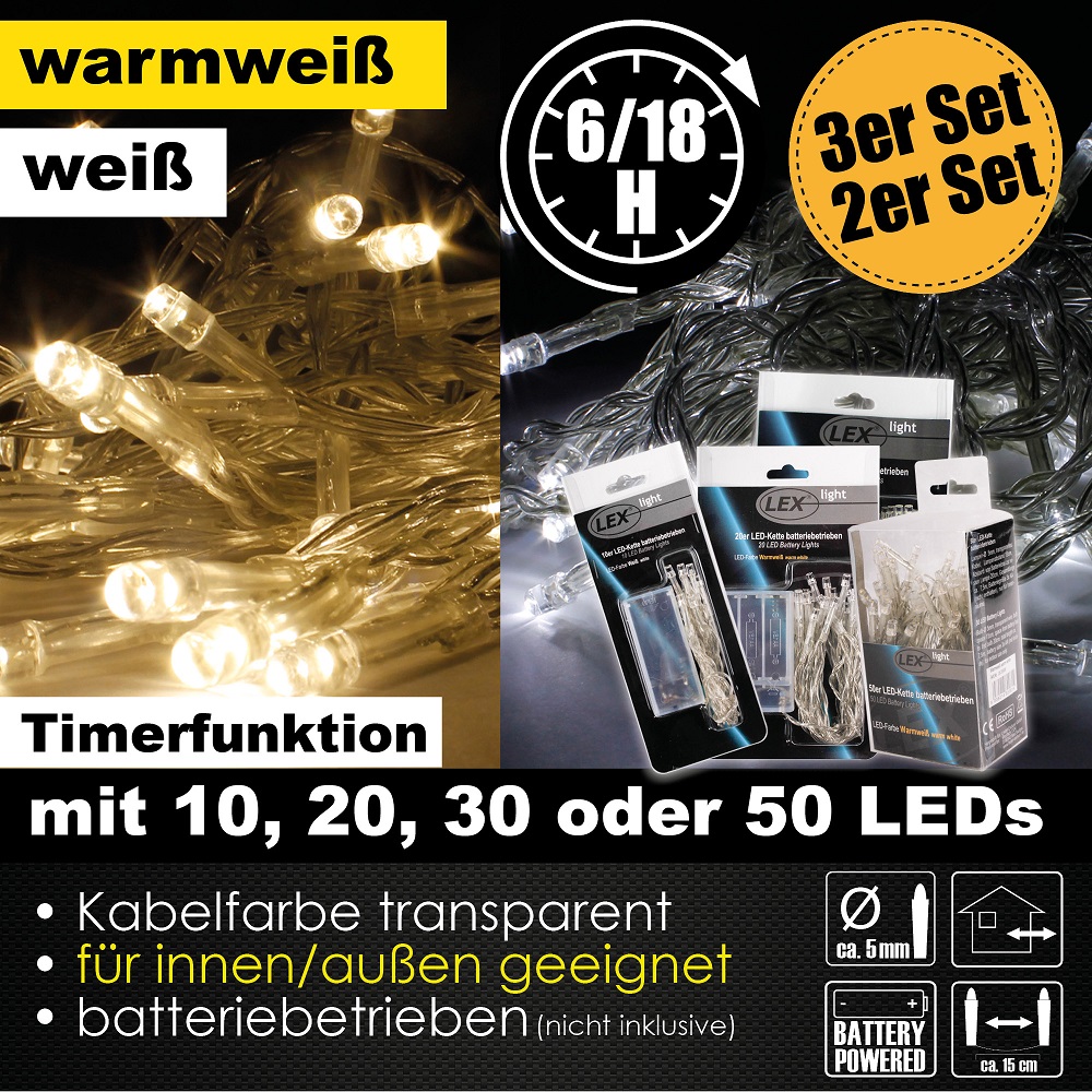 10/20/30/50er LED Outdoor Lichterkette Set Timer Batterie Party Beleuchtung