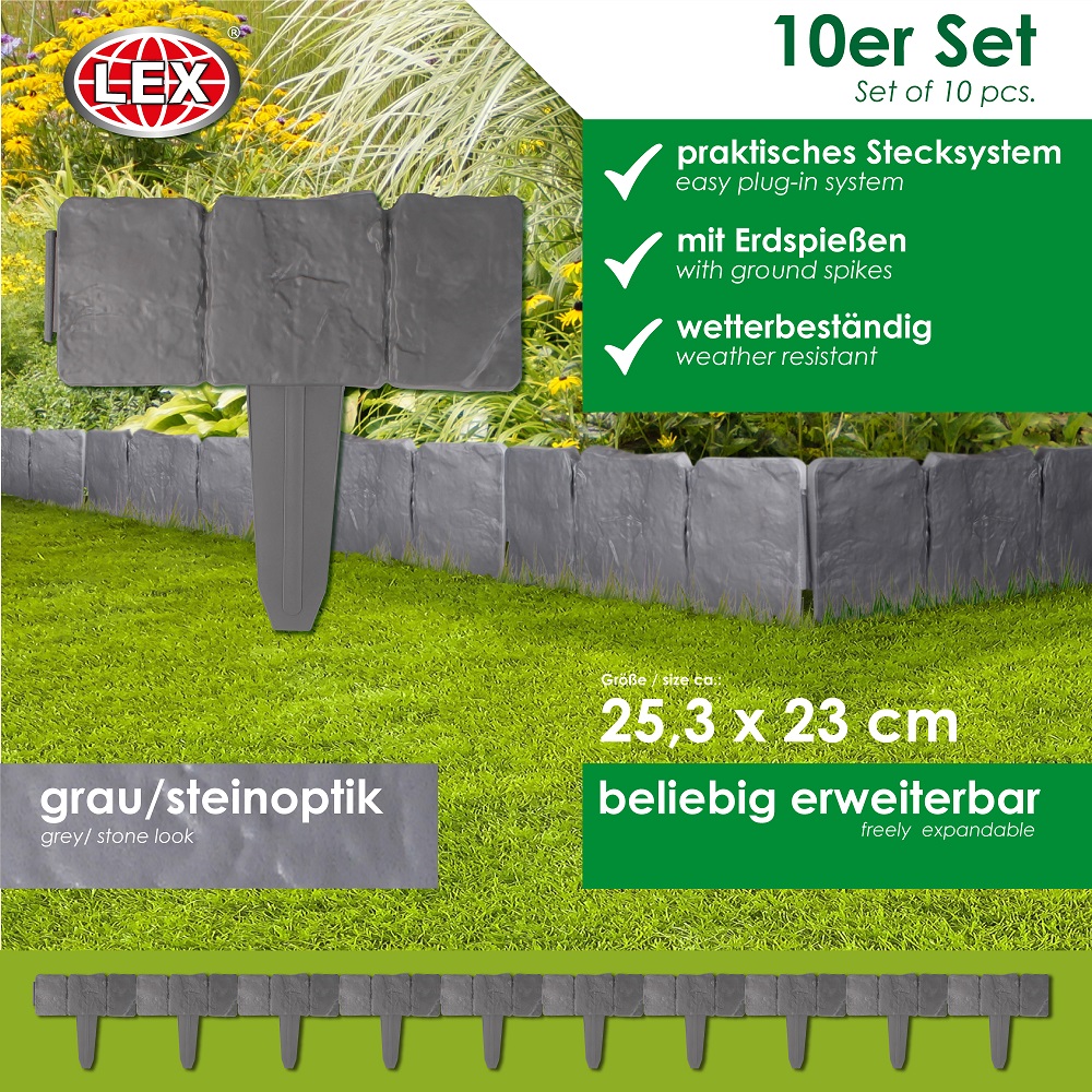 Beetumrandung 10er Set Rasenkante Garten Beeteinfassung erweiterbar Steinoptik
