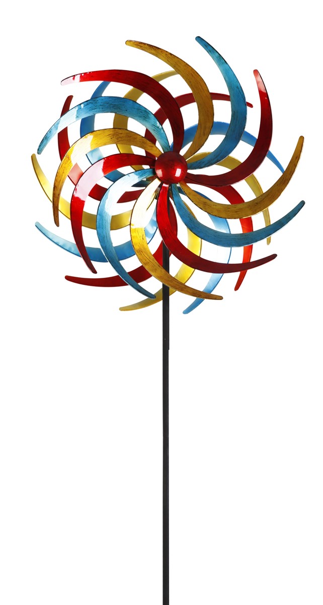 XXL Metall Doppel Windrad Windspiel Gartendeko Balkon Terrasse 210x61cm bunt