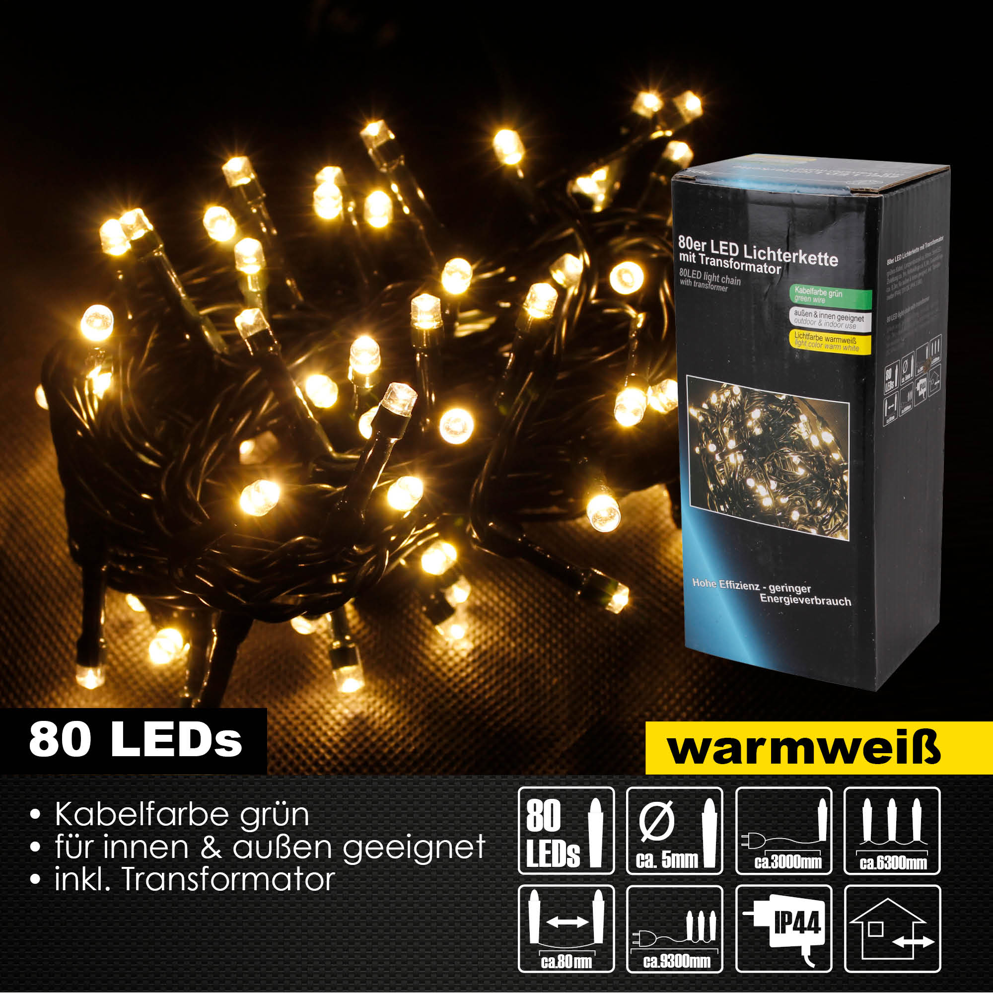 80er LED Lichterkette für Außen Innen Deko IP44 Weihnachtslichterkette warmweiß