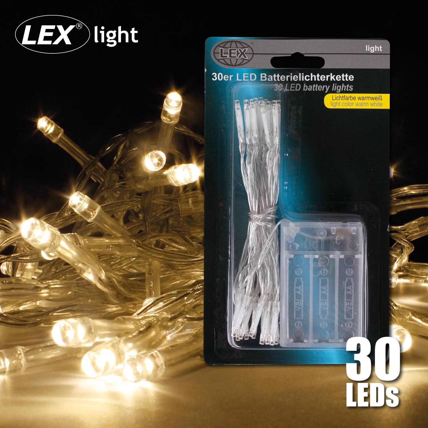 30er Lichterkette LED Batteriebtrieben Dekolicht Weihnachtslichterkette warmweiß