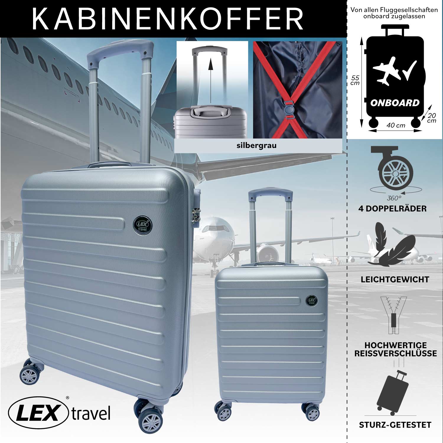 ABS Hartschale Reisekoffer Handgepäck Kabinenkoffer ultraleicht Trolley Doppelräder Silbergrau