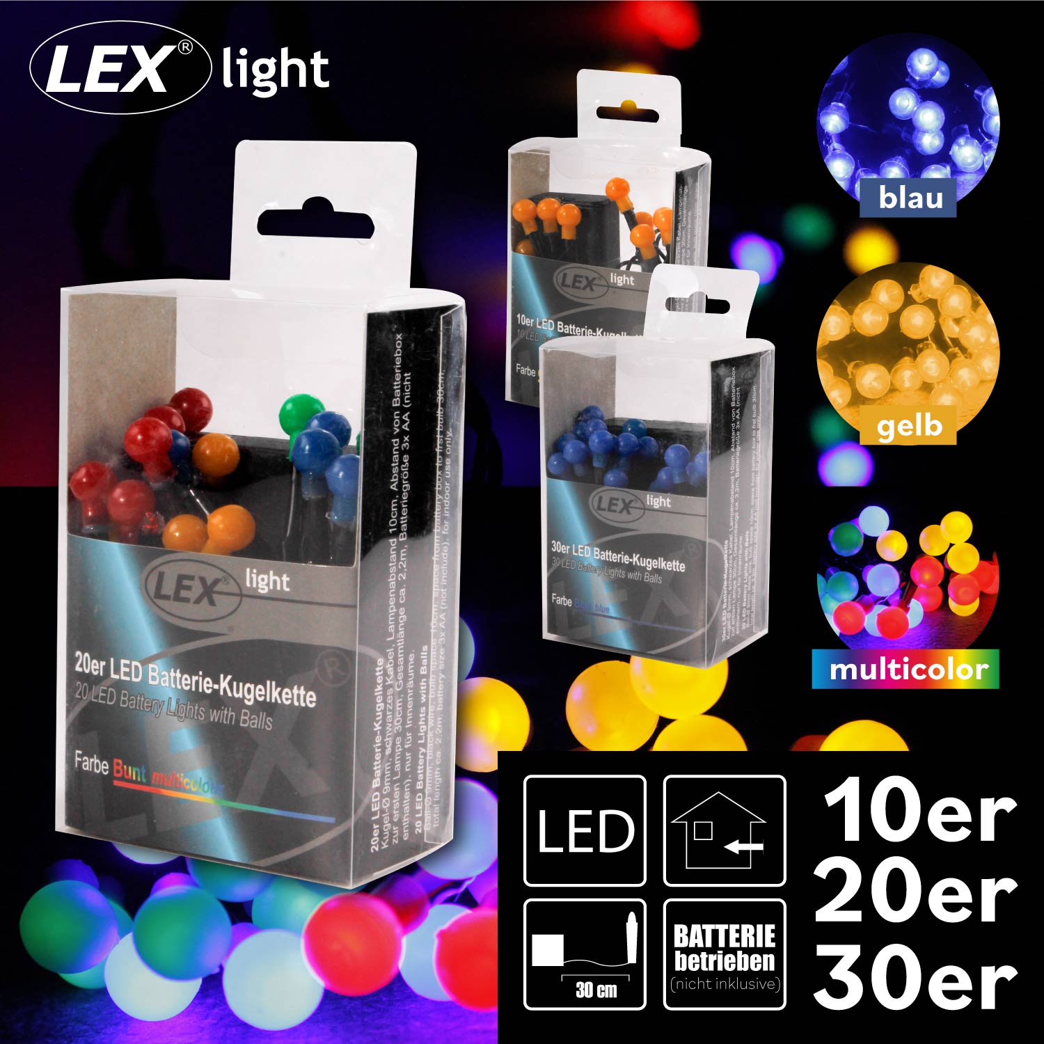30er LED Batterie Kugelkette Lichterkette Kugeln Batterie Beleuchtung