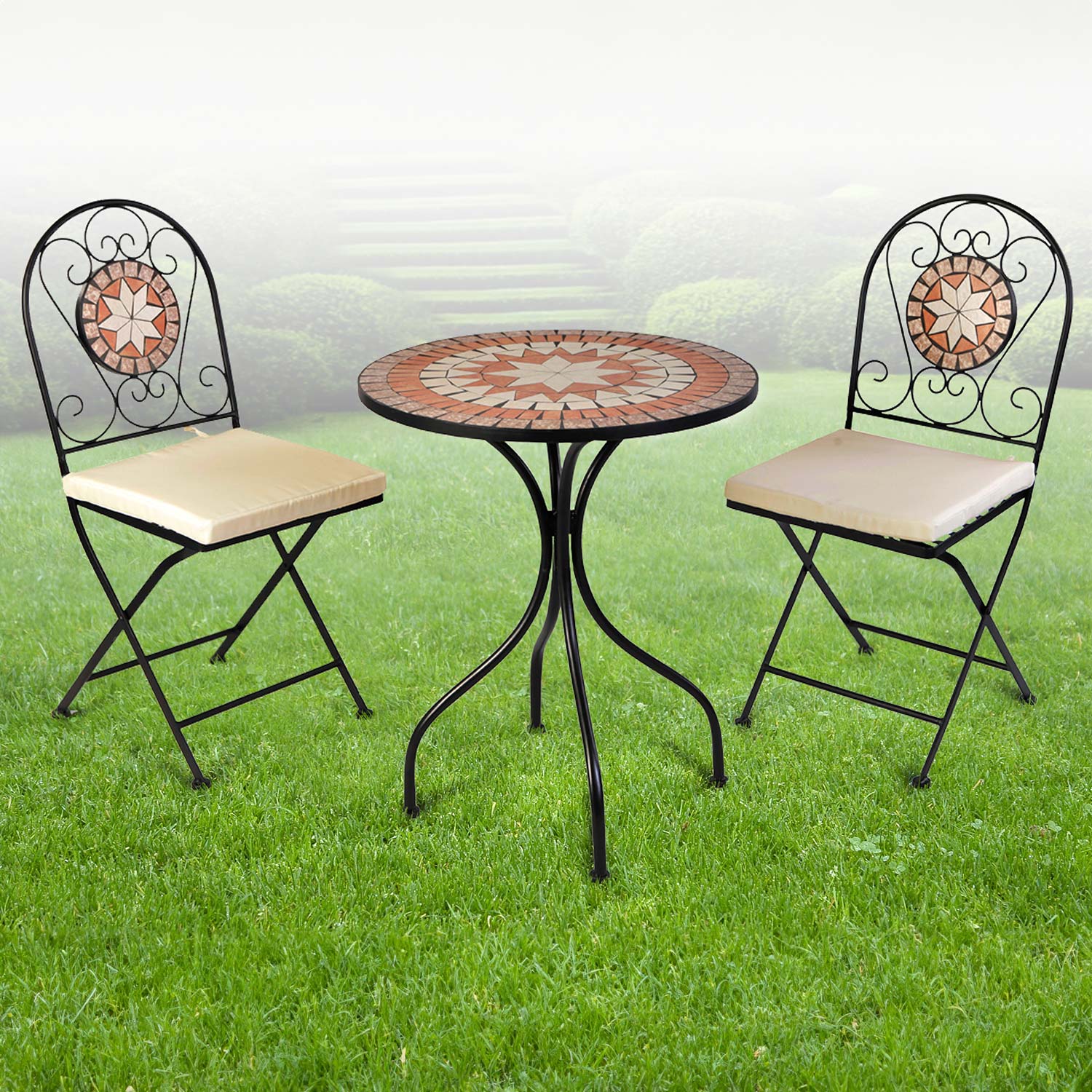 Mosaik Gartenset Gartenstühle Mosaiktisch wählbar Rustikal Rund Sitzpolster