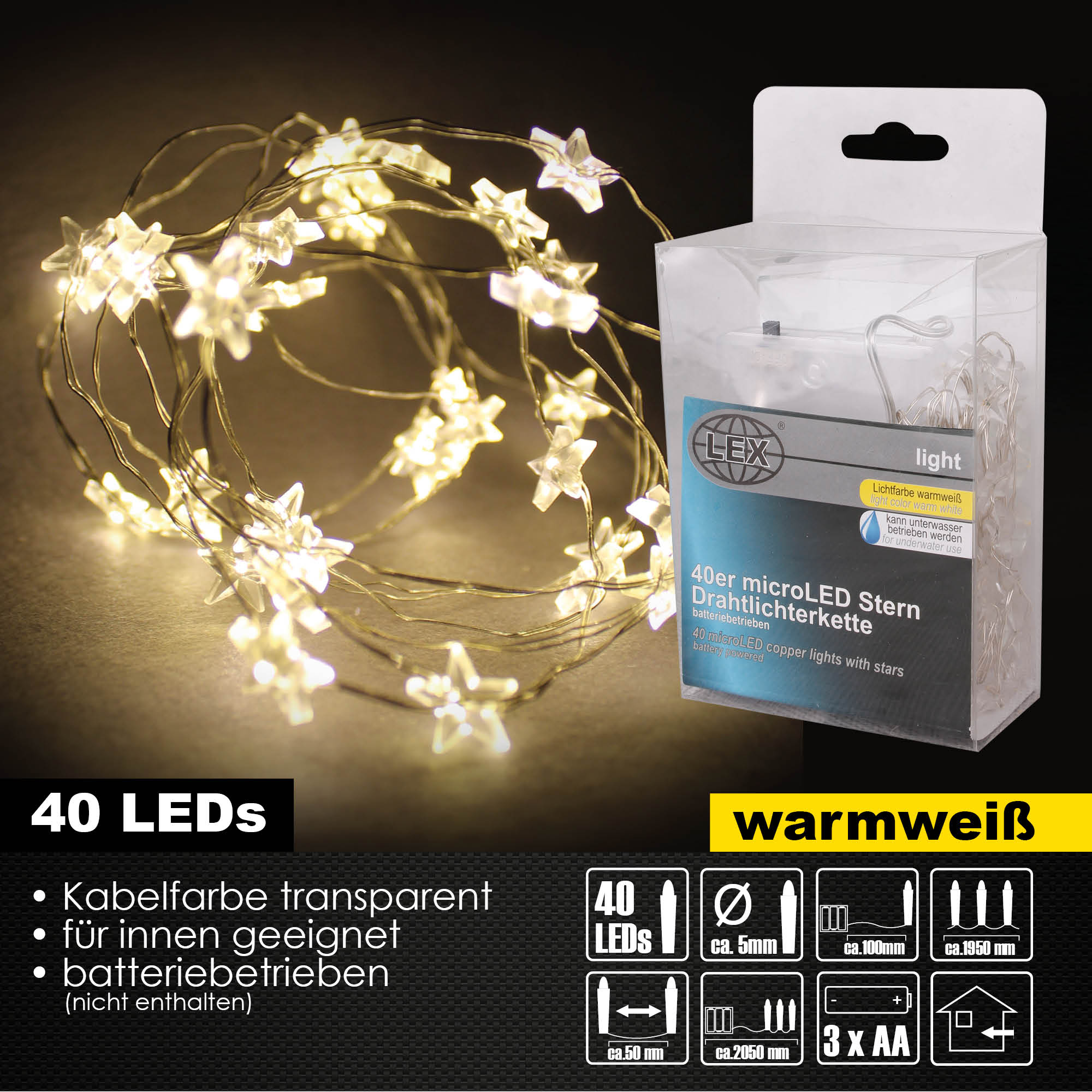 3x40er Micro LED Stern Drahtlichterkette Set Batteriekette Lichterkette Deko