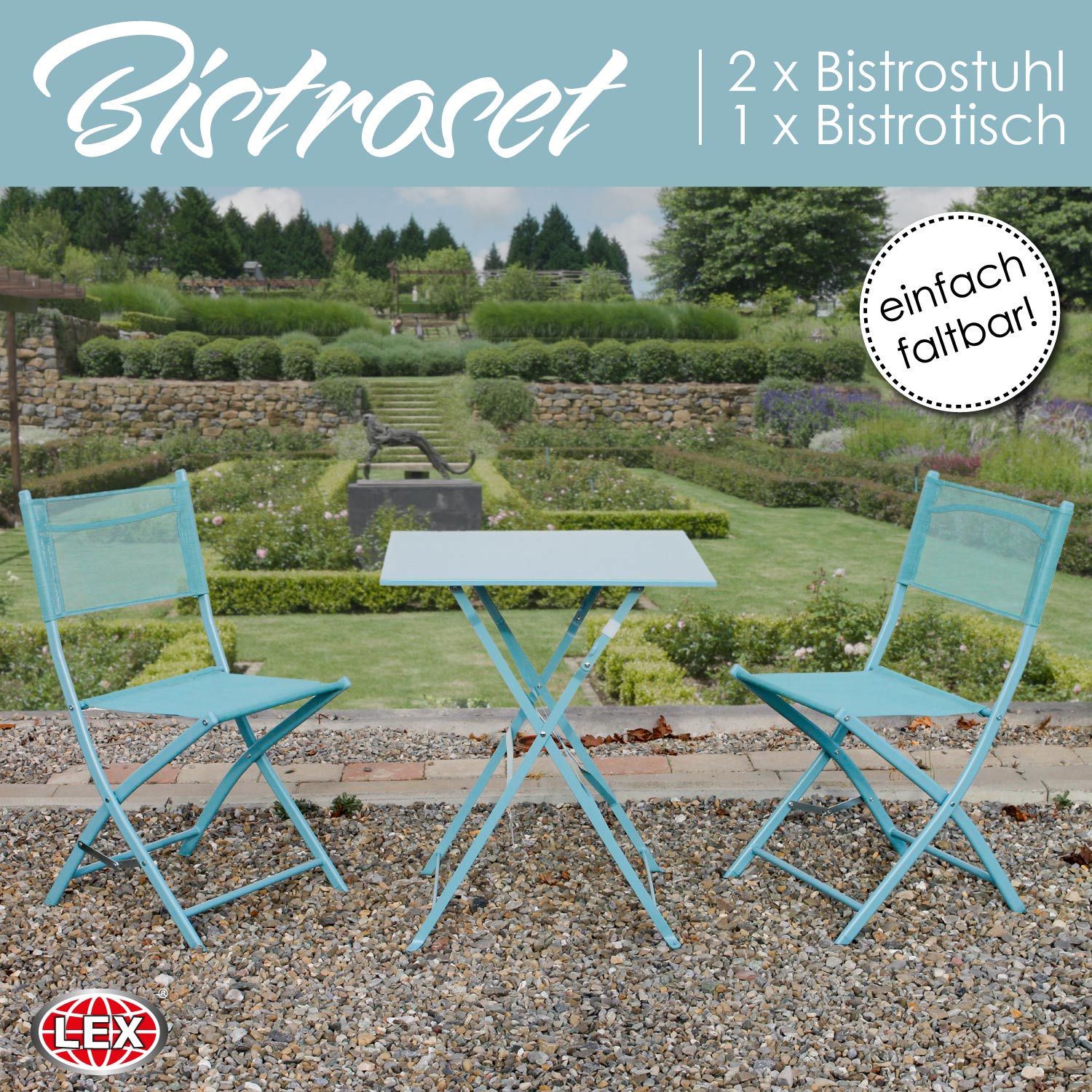 Bistro Set Sitzgruppe Gartenset Gartenmöbel Sitzgarnitur 3-teilig taubenblau