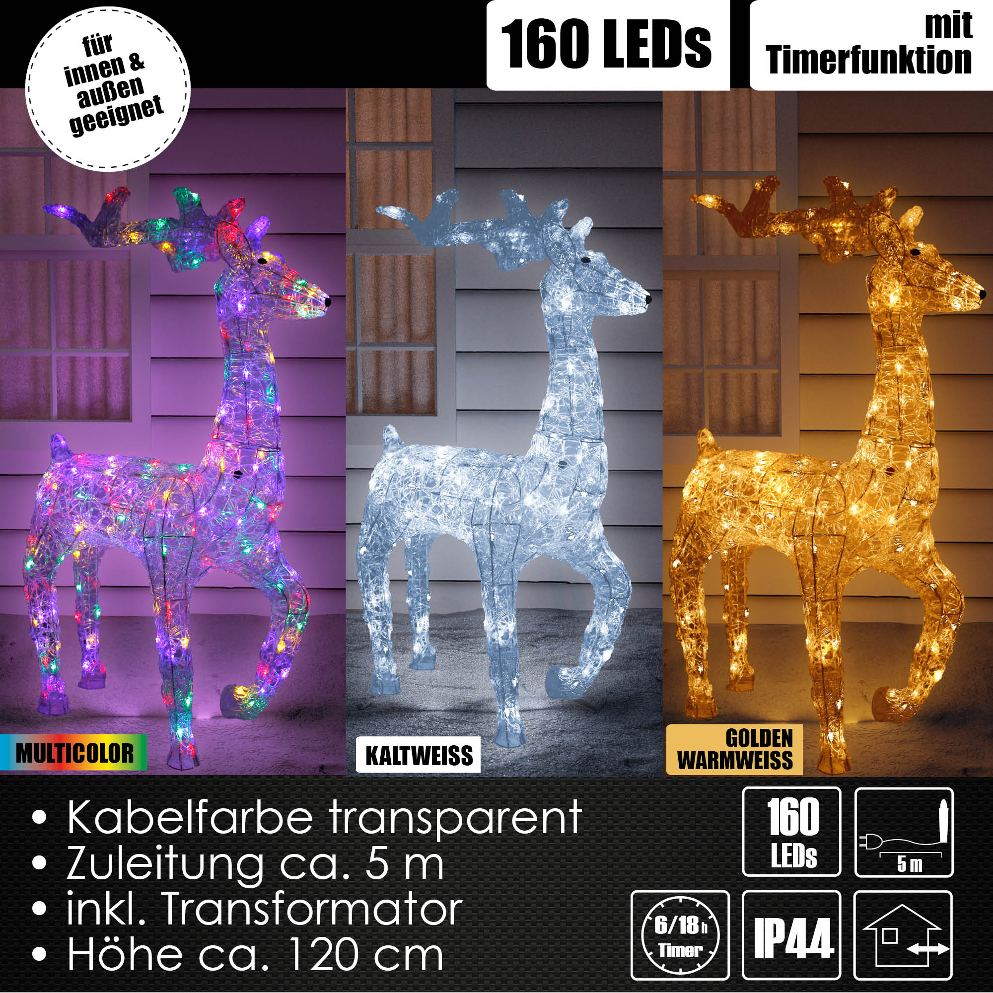 XXL LED Acryl Hirsch Weihnachtsfigur 120cm beleuchtet Weihnachtsdeko Außen/Innen