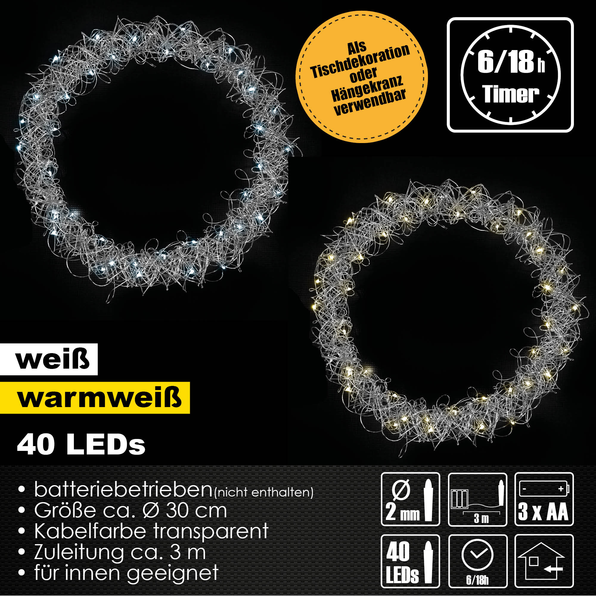LED Metallkranz Ø 30 cm feinmaschig Weihnachtskranz Lichterkette Batterie Deko