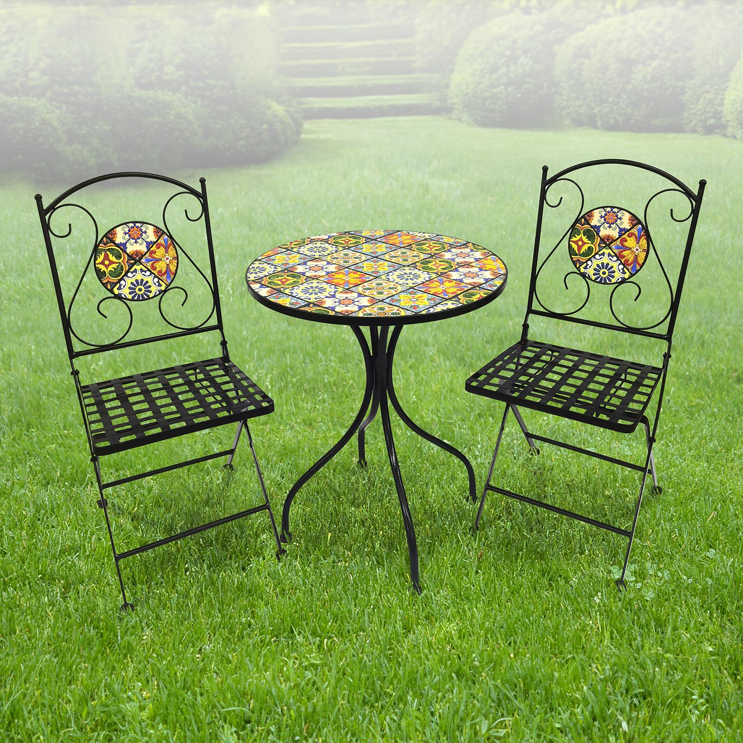 Mosaik Gartenset Gartenstühle Mosaiktisch wählbar Rustikal Rund klappbar