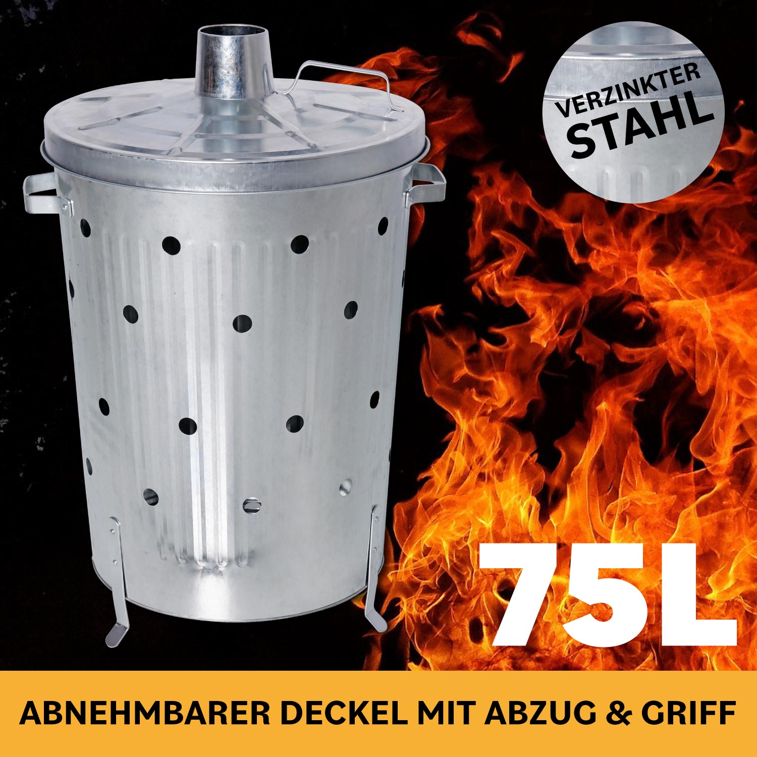 Feuertonne Verbrennungstonne 75L Deckel Fass Belüftungslöcher Transportgriffe
