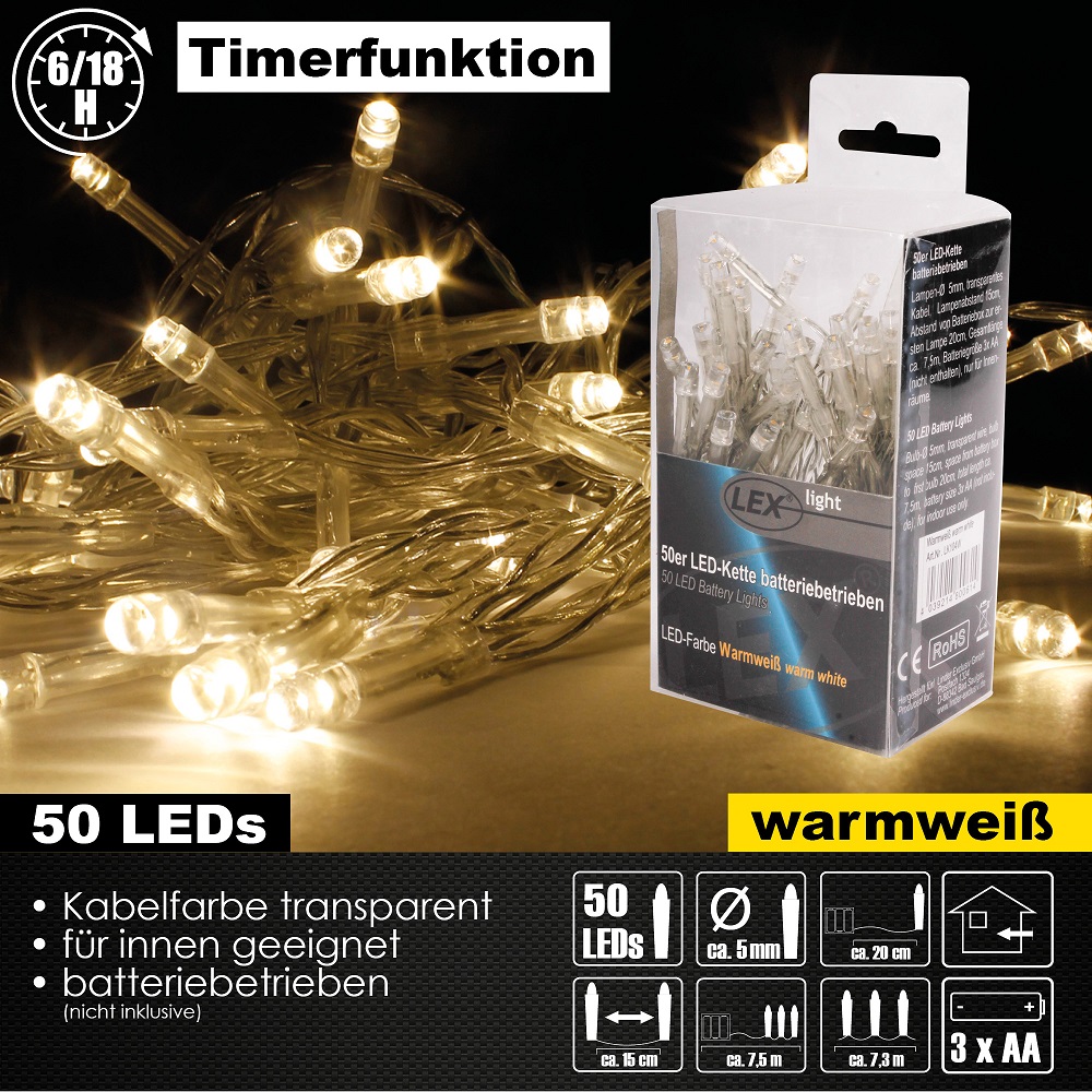 50er LED Lichterkette Set Batteriekette Weihnachten Beleuchtung Deko warmweiß