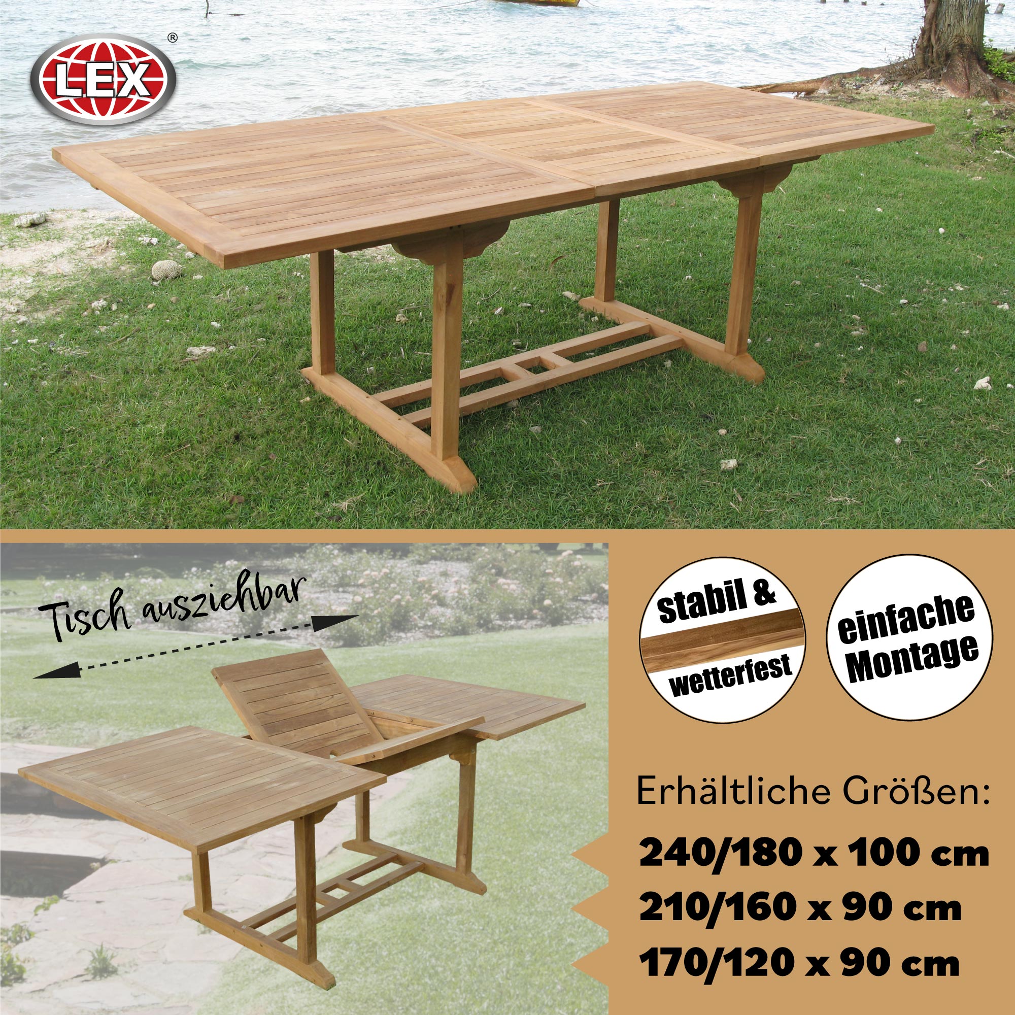 Teak Tisch Gartentisch Garten ausziehbar Holztisch rechteckig Größe wählbar