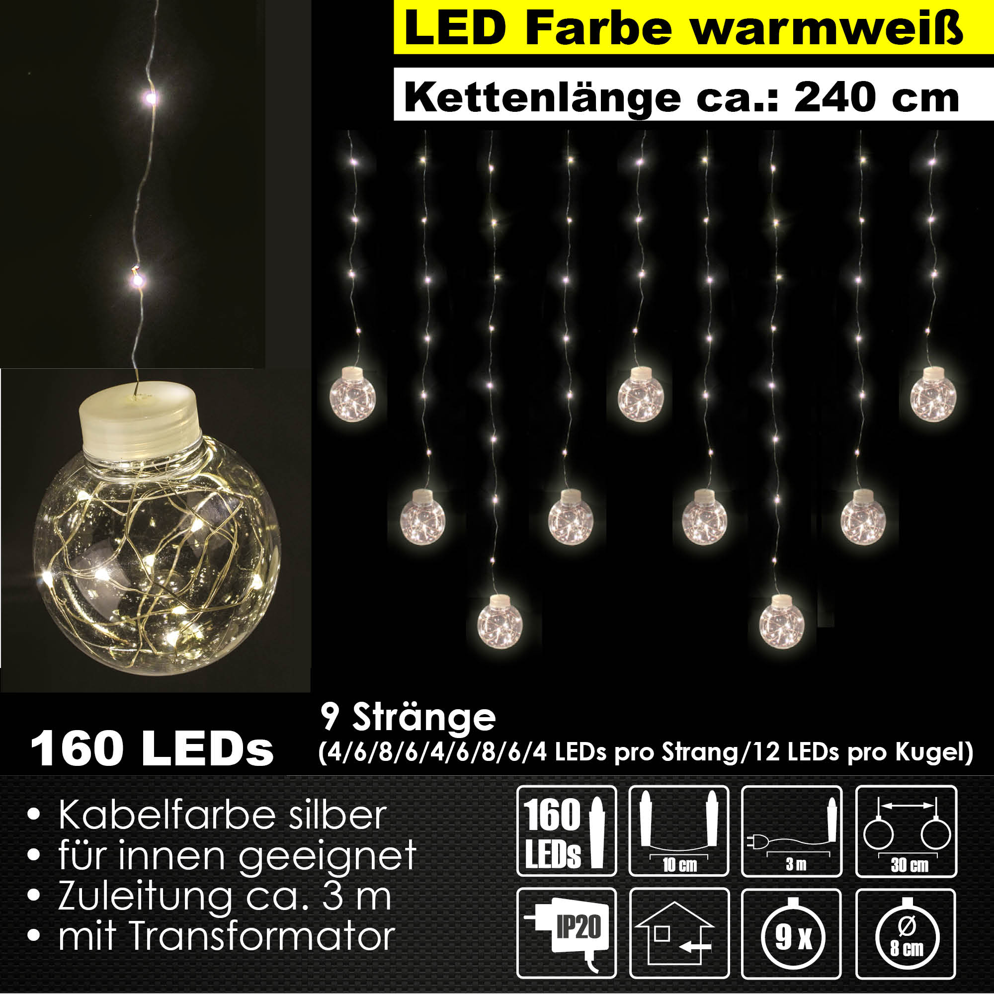 160 LEDs Kugel Lichterkette Beleuchtung Lichterkette Leuchtkugel Netz warmweiß