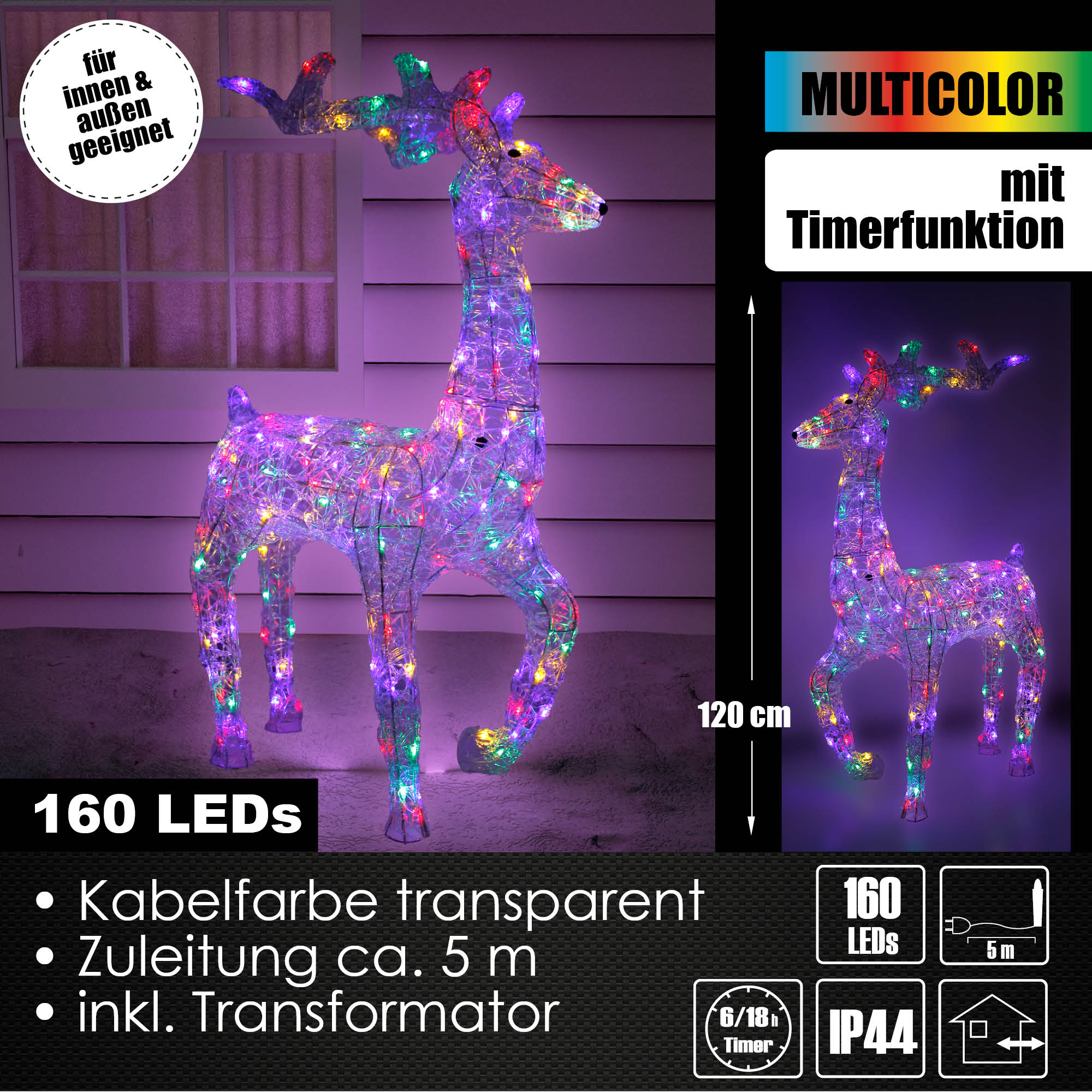 XXL LED Acryl Hirsch Weihnachtsfigur 120cm beleuchtet Weihnachtsdeko Außen & Innen Multicolor
