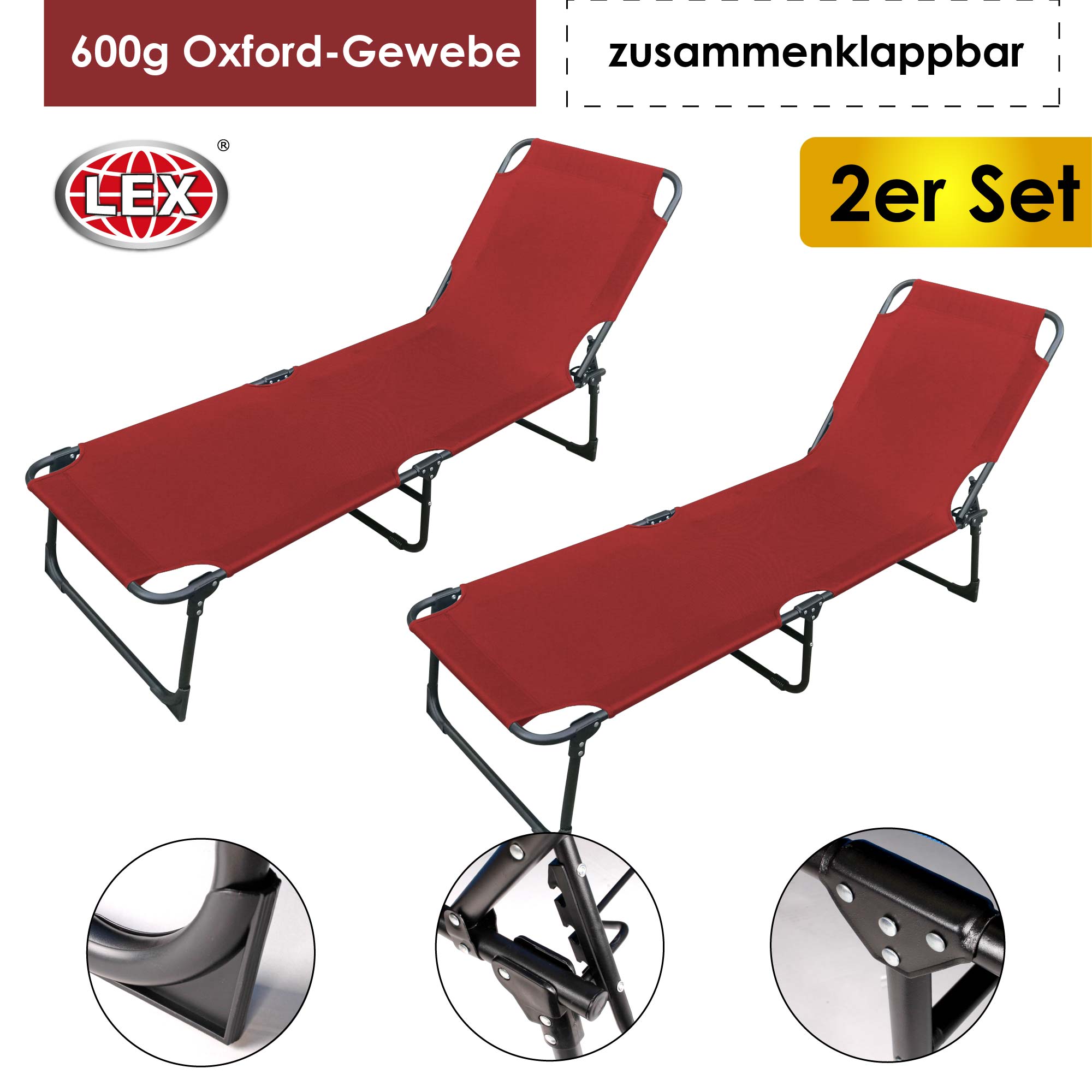2er-Set Gartenliege 3-Bein Sonnenliege Strandliege 188cm Liegestuhl klappbar